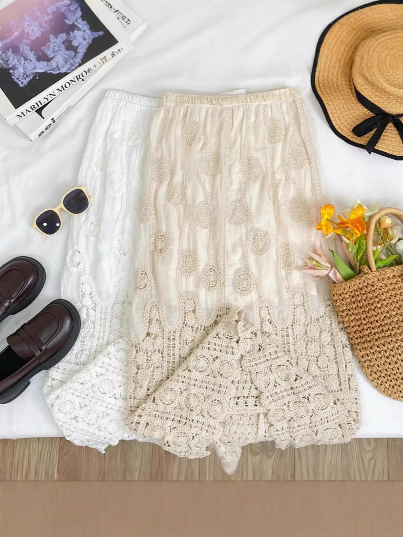 Lace Elastic Waist Midi Skirt