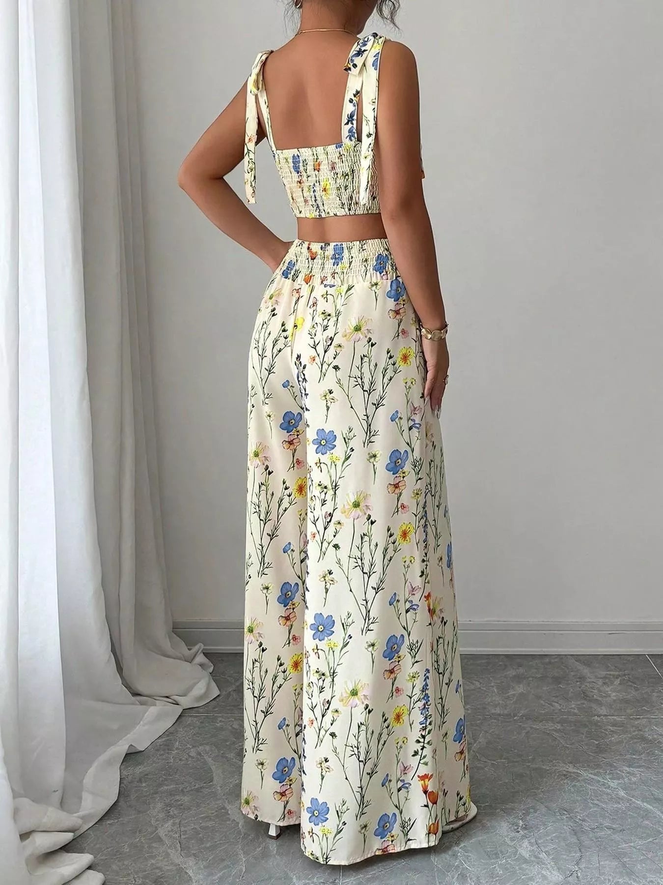 Floral Print Tie-Shoulder Crop Top & Wide Leg Pants Set
