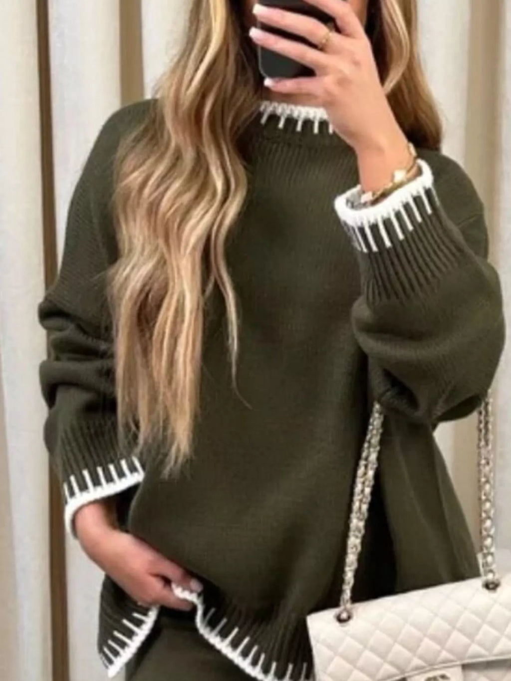 Contrast Trim Round Neck Top and Pants Sweater Set