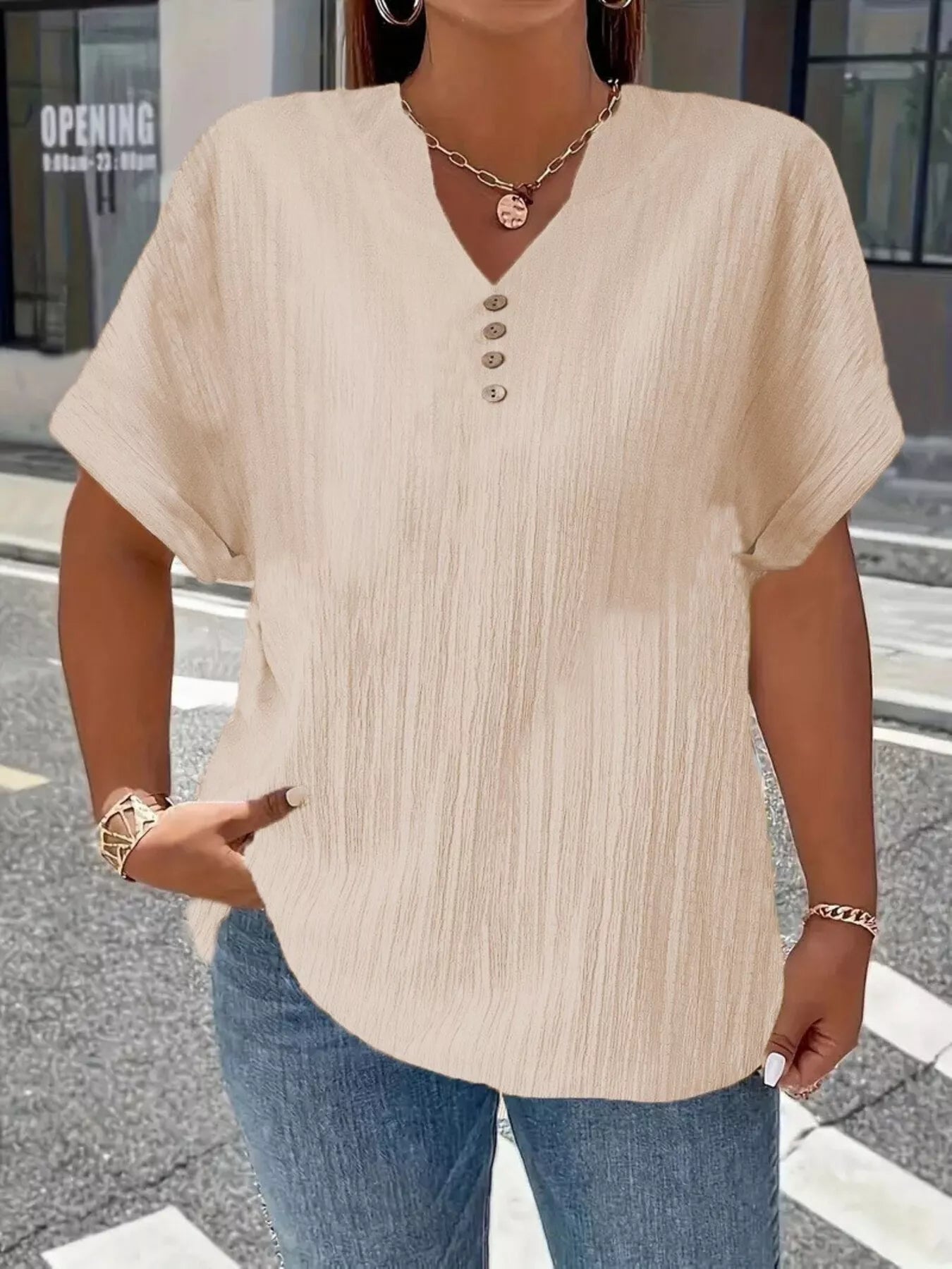 Plus Size Notched Short Sleeve Textured Top