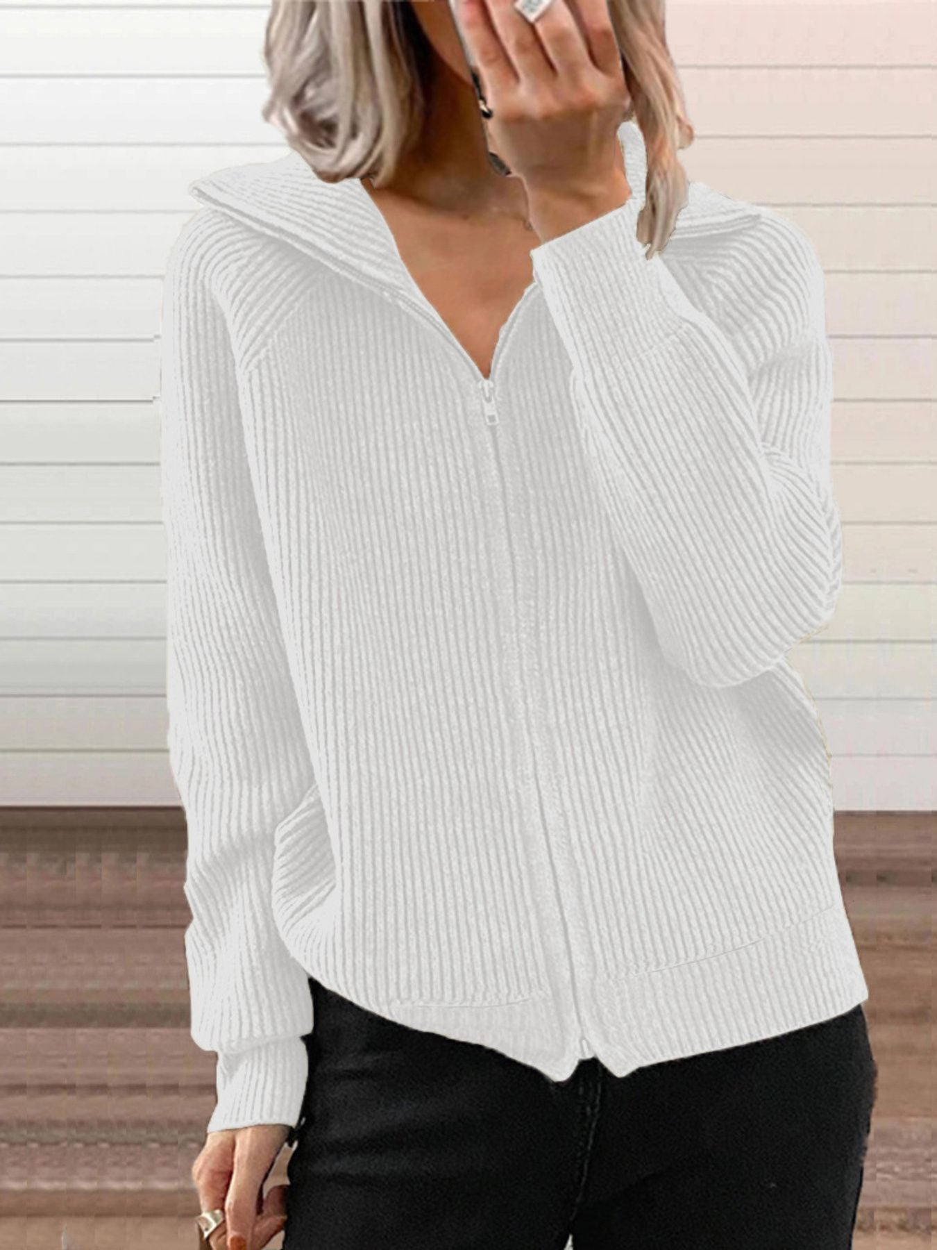 Full Size Ribbed Knit Zip-Up Outerwear Plus Size