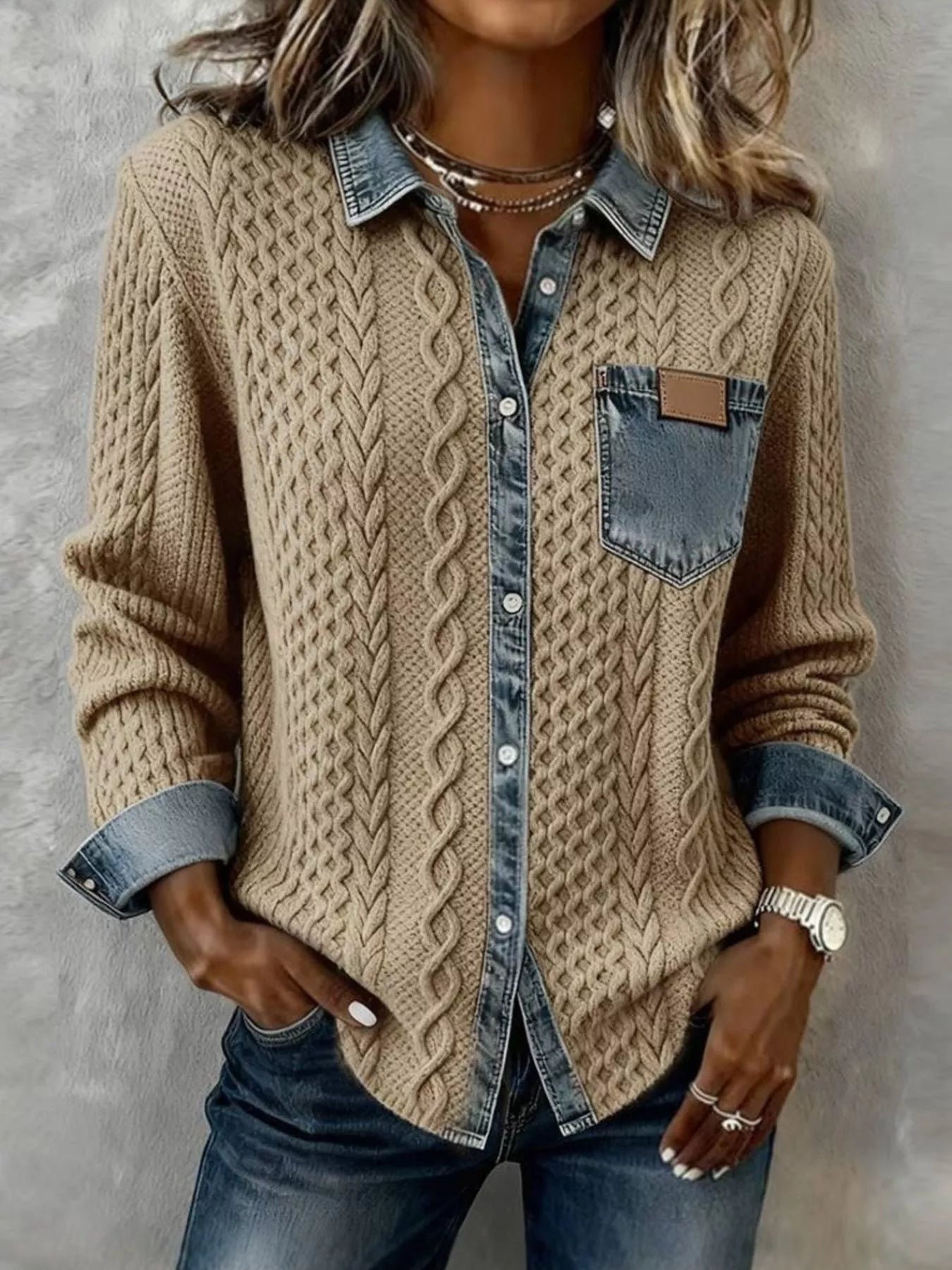 Denim Trim Cable Knit Cardigan