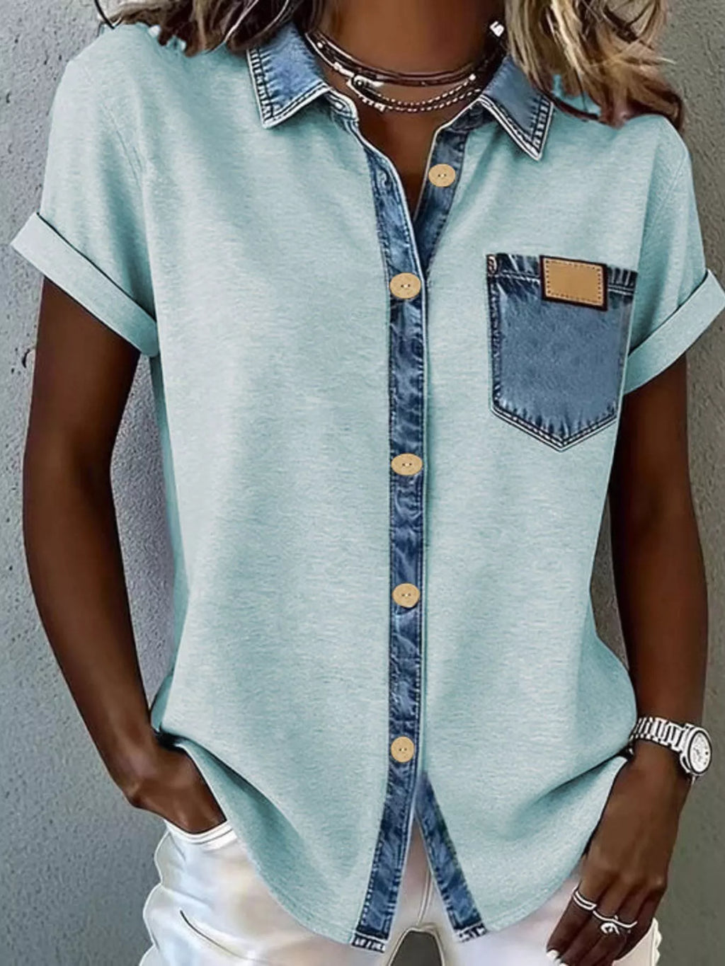 Denim Trim Short Sleeve Shirt