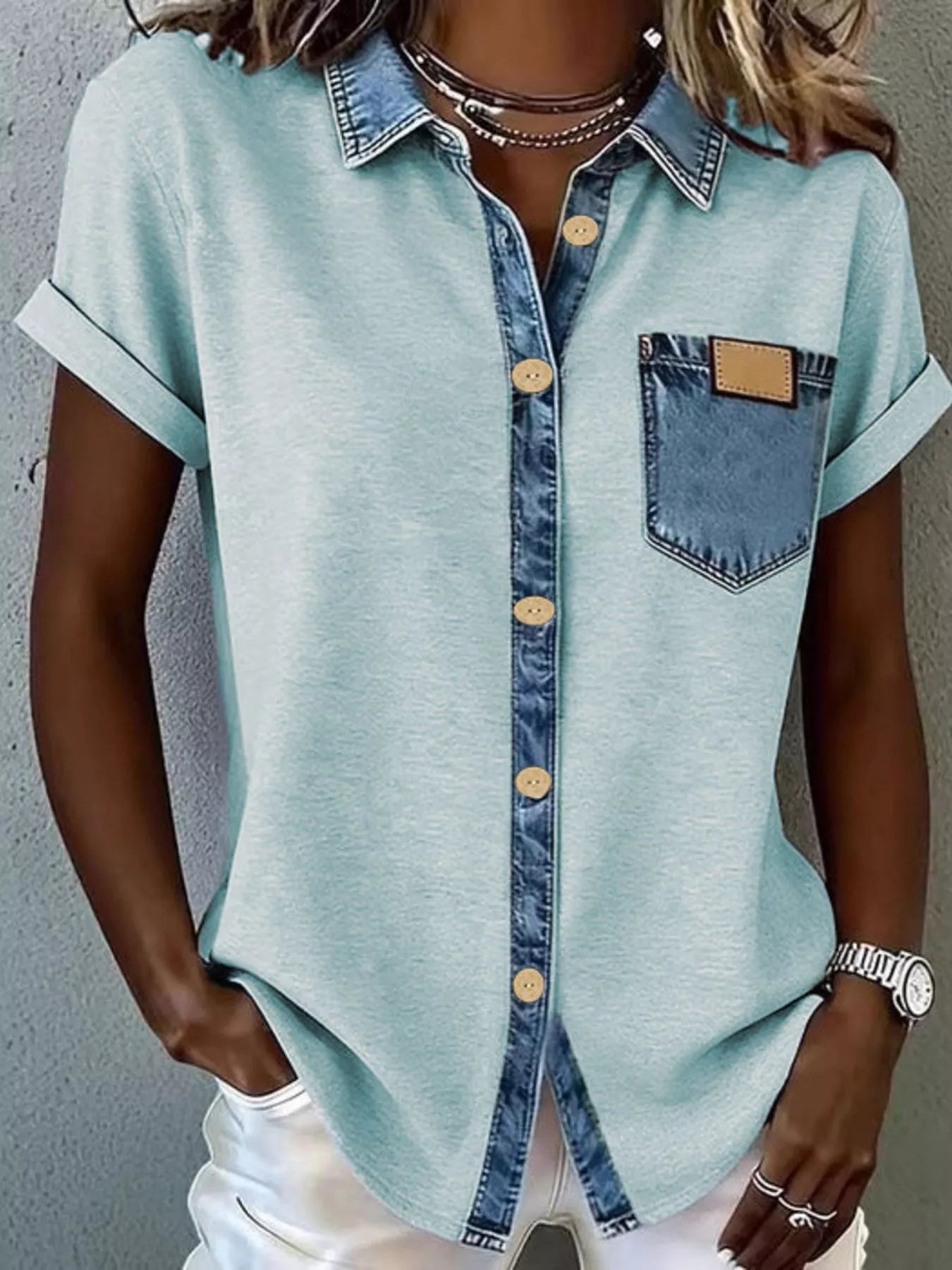 Denim Trim Short Sleeve Shirt