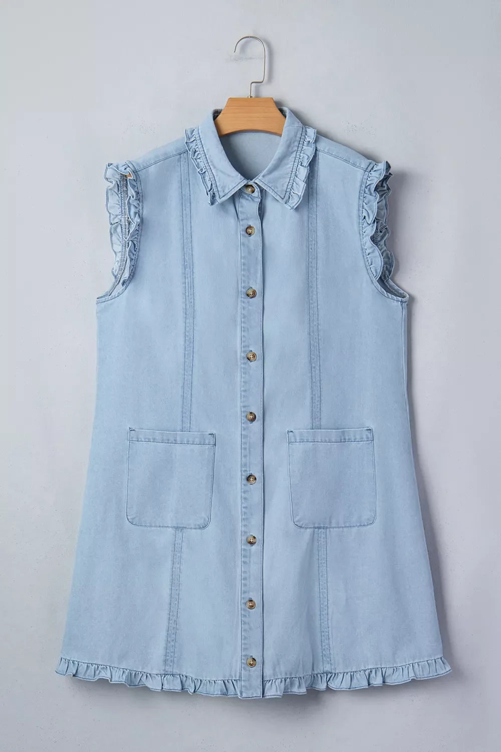 Ruffled Edge Collared Shift Denim Dress with Pockets