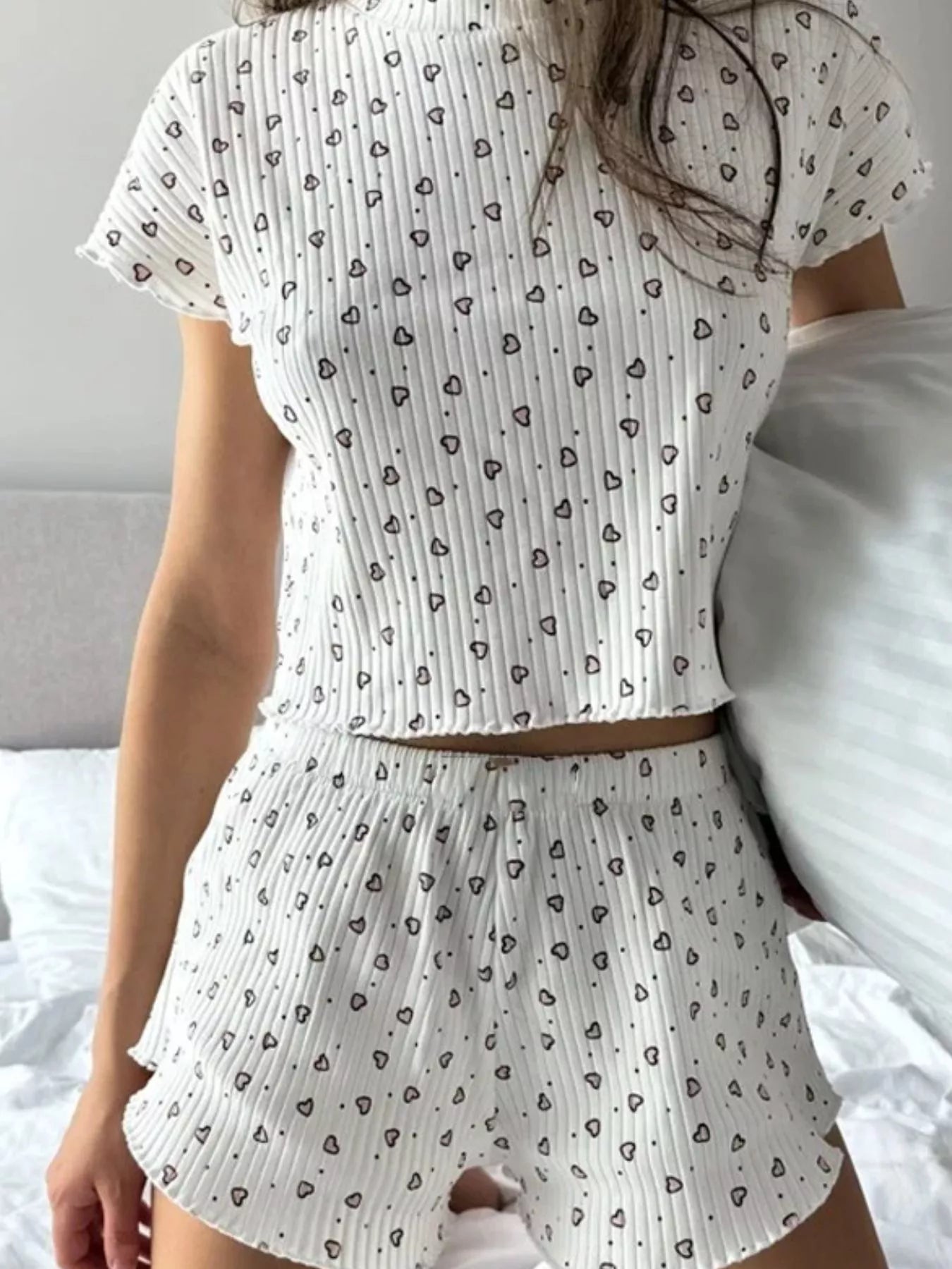 Heart Print Ribbed Knit Top and Shorts Lounge Set