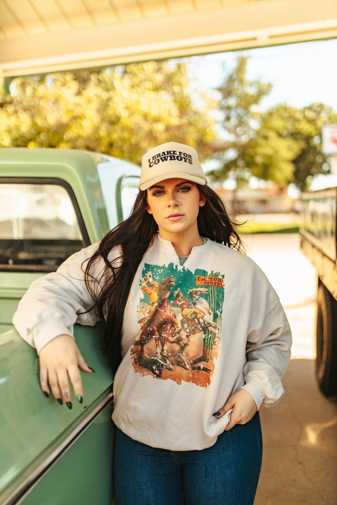 Wild Junkie Cactus Motel Raw Cut V-neck Western Graphic Sweatshirt — detail close-up