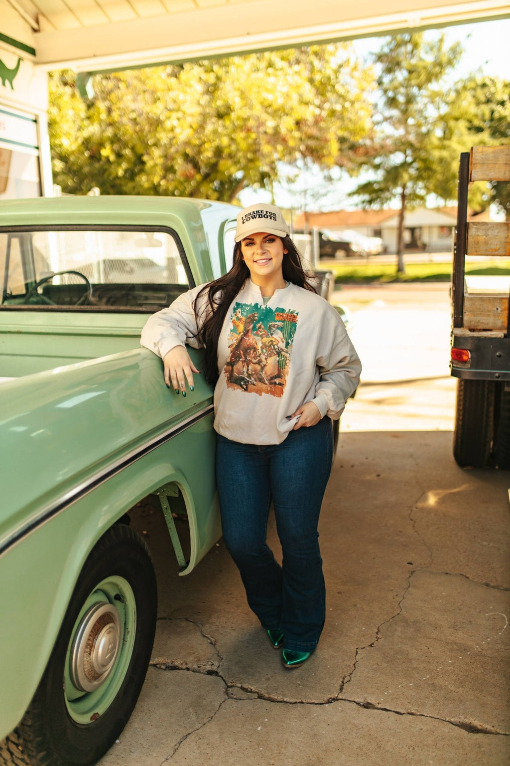 Wild Junkie Cactus Motel Raw Cut V-neck Western Graphic Sweatshirt — lifestyle context