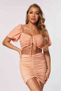 Cali Orange Crop Top Mini Skirt Set with Drawstring Detail and Stylish String Accents