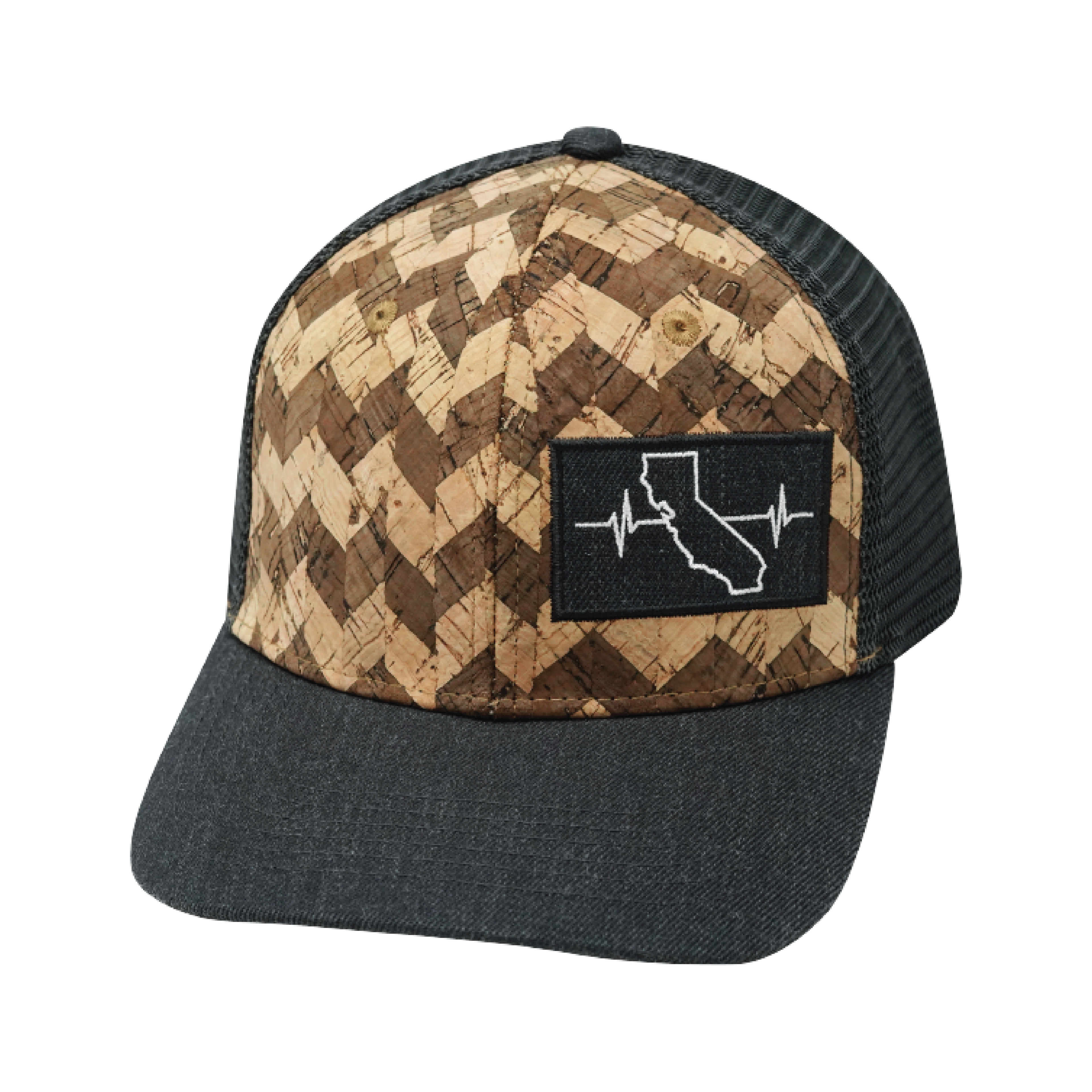 The Heartbeat Brand California Hat - Baseball Hat Fit - Cork - Charcoal Gray - Trucker Mesh — back view