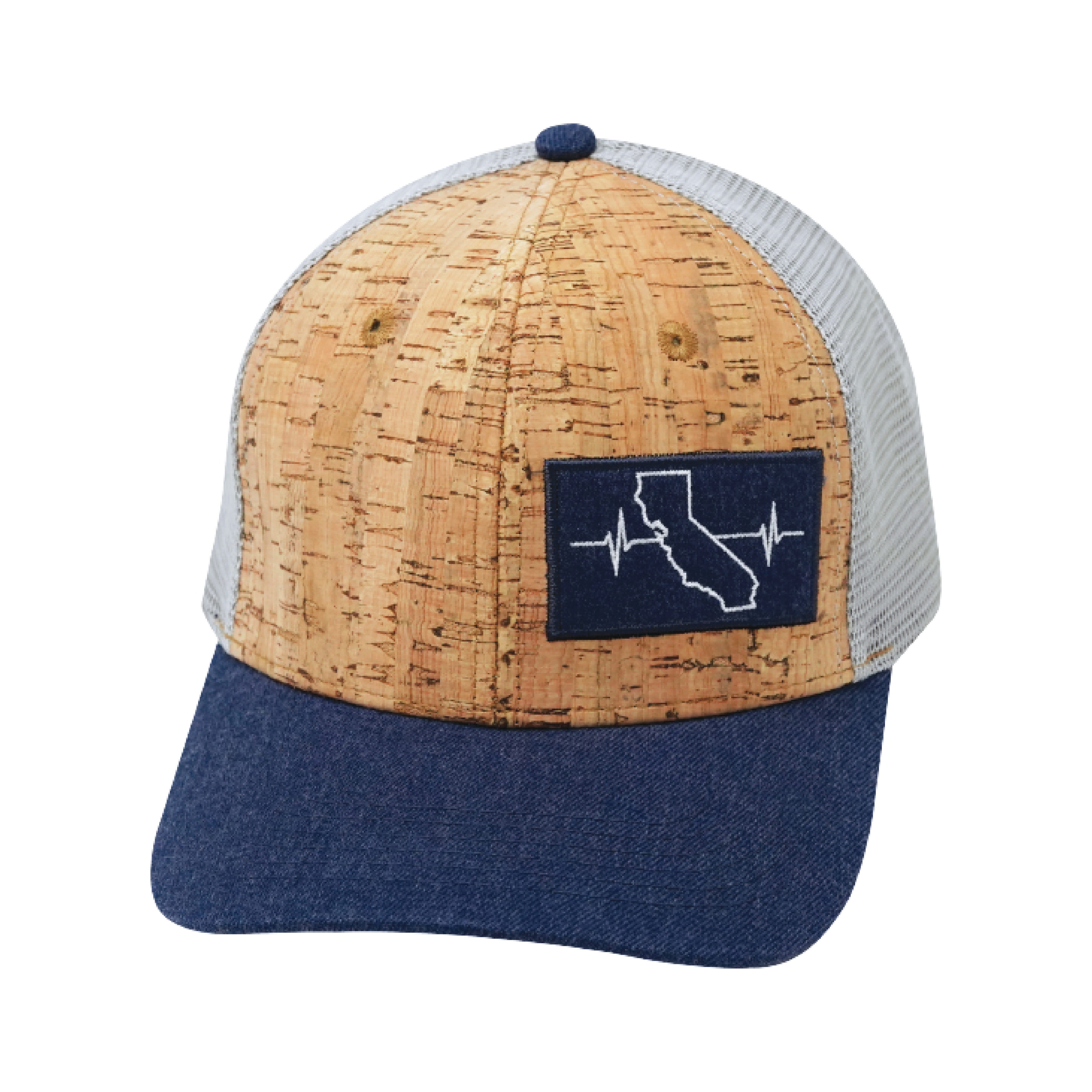The Heartbeat Brand California Hat - Baseball Hat Fit - Cork - Navy / Gray - Trucker Mesh — back view
