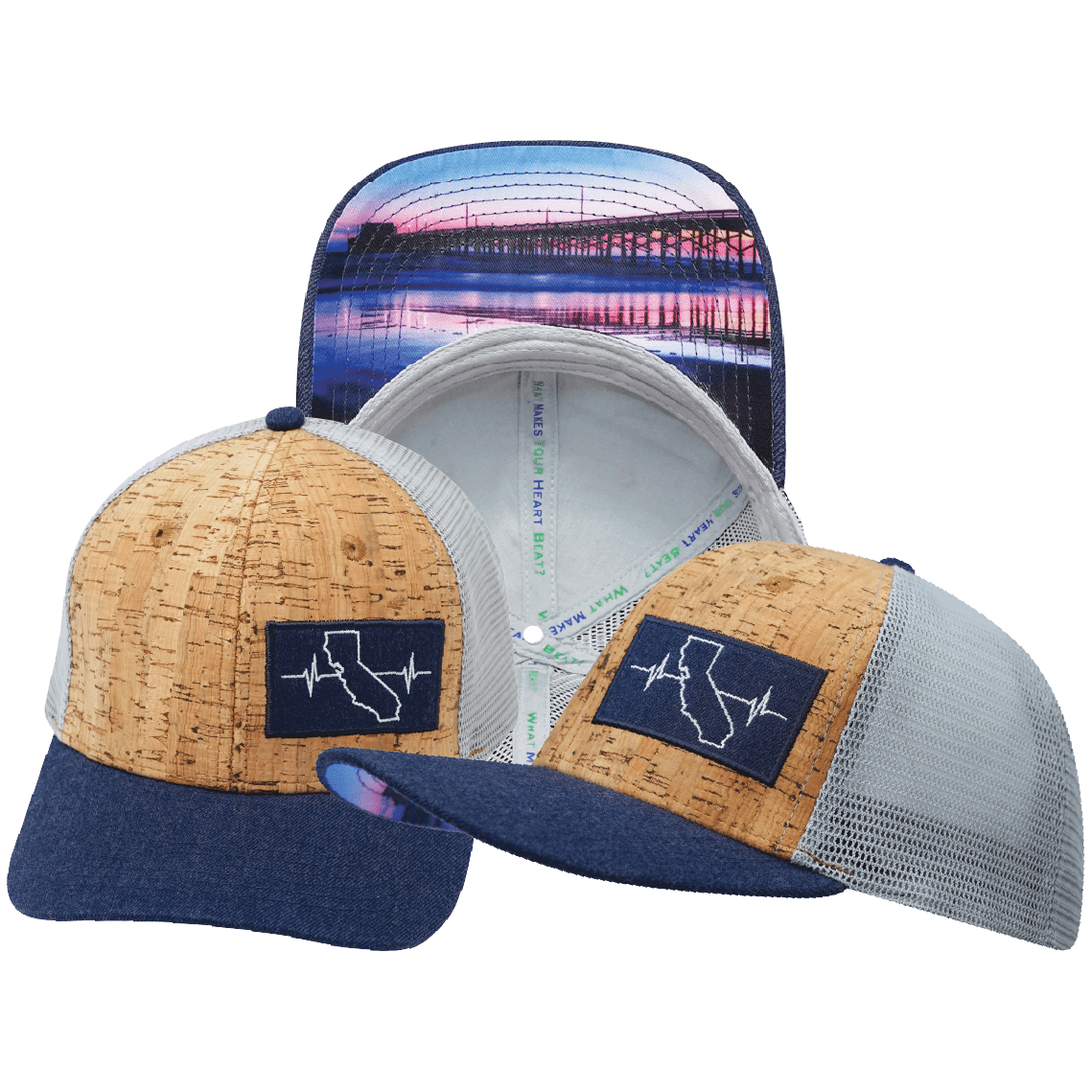 The Heartbeat Brand California Hat - Baseball Hat Fit - Cork - Navy / Gray - Trucker Mesh — main product shot