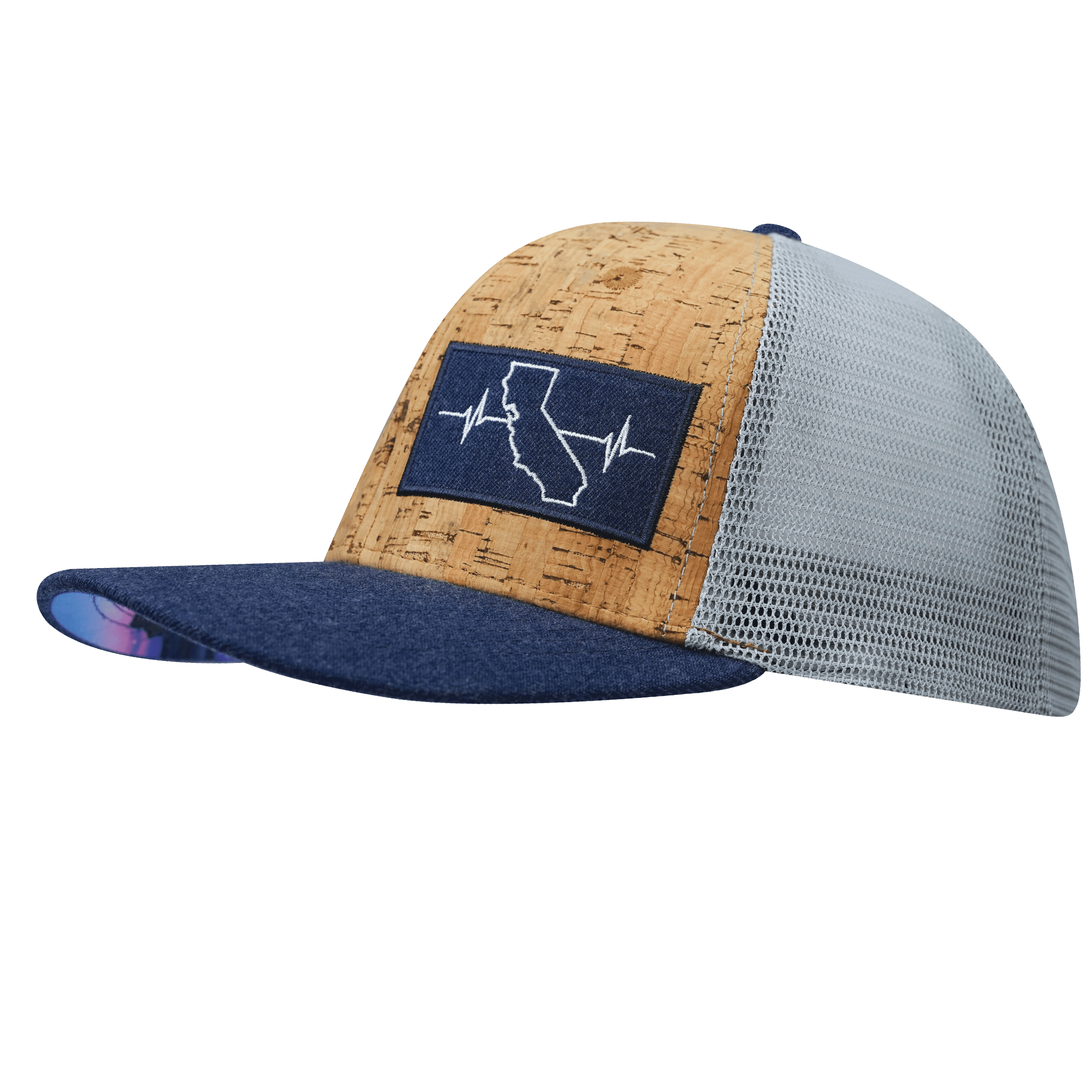 The Heartbeat Brand California Hat - Baseball Hat Fit - Cork - Navy / Gray - Trucker Mesh — side view