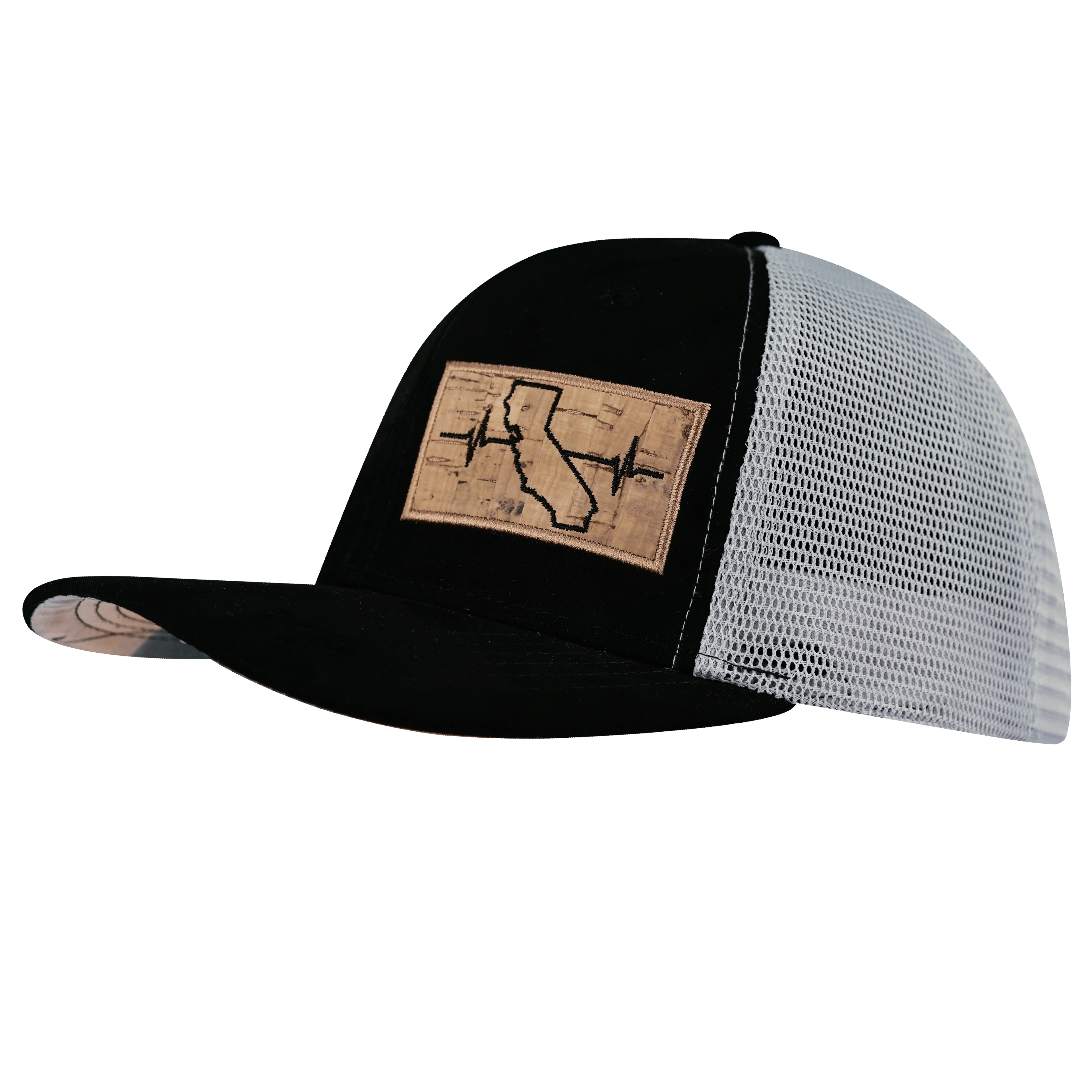 The Heartbeat Brand California Hat - Baseball Hat Fit - Suede - Black / Gray - Trucker Mesh — side view