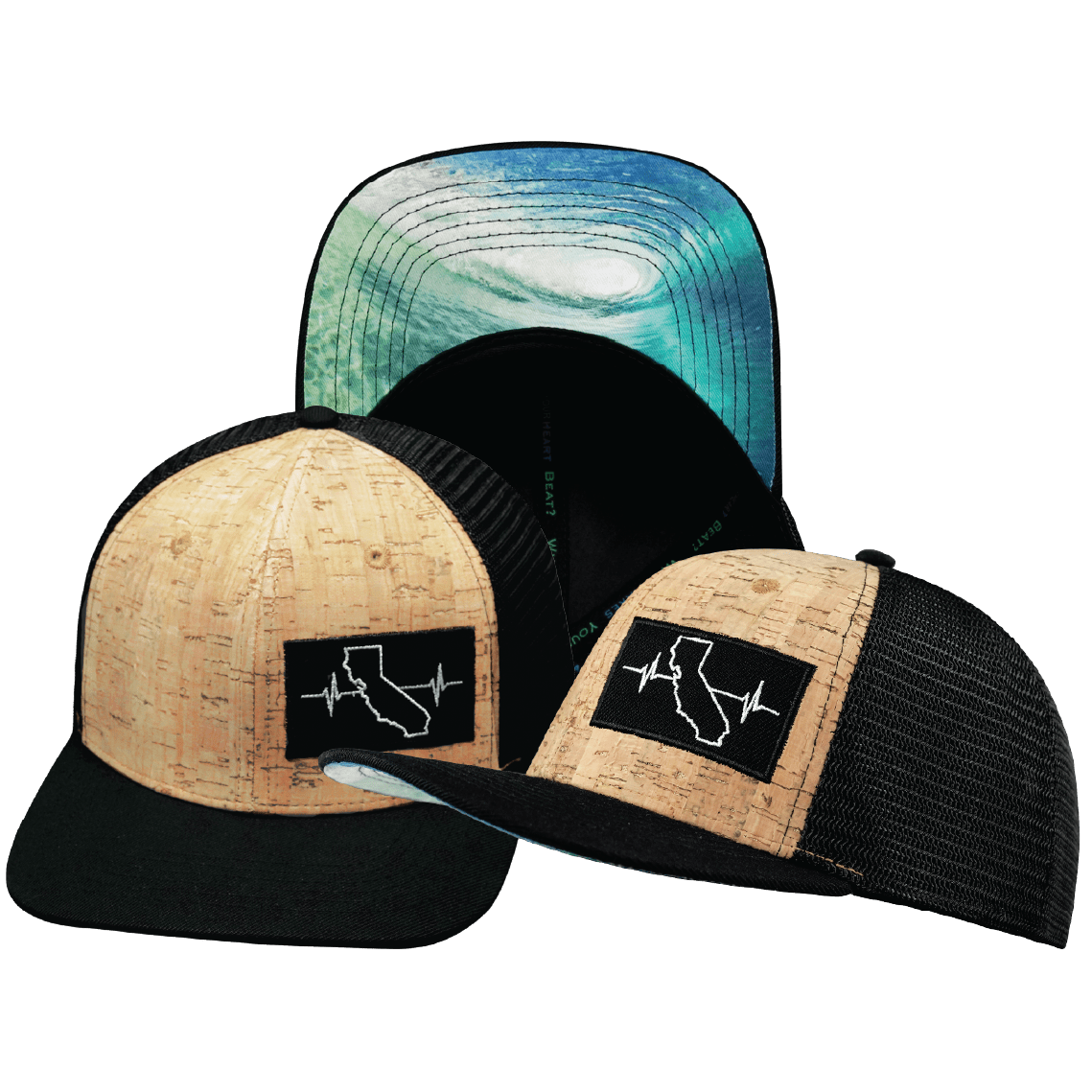 The Heartbeat Brand California Hat - Baseball Hat Fit - Cork - Black - Trucker Mesh — main product shot