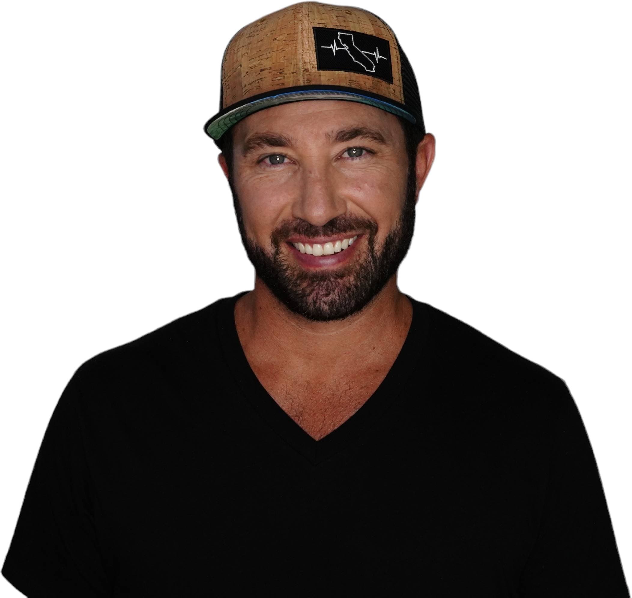 The Heartbeat Brand California Hat - Baseball Hat Fit - Cork - Black - Trucker Mesh — detail close-up