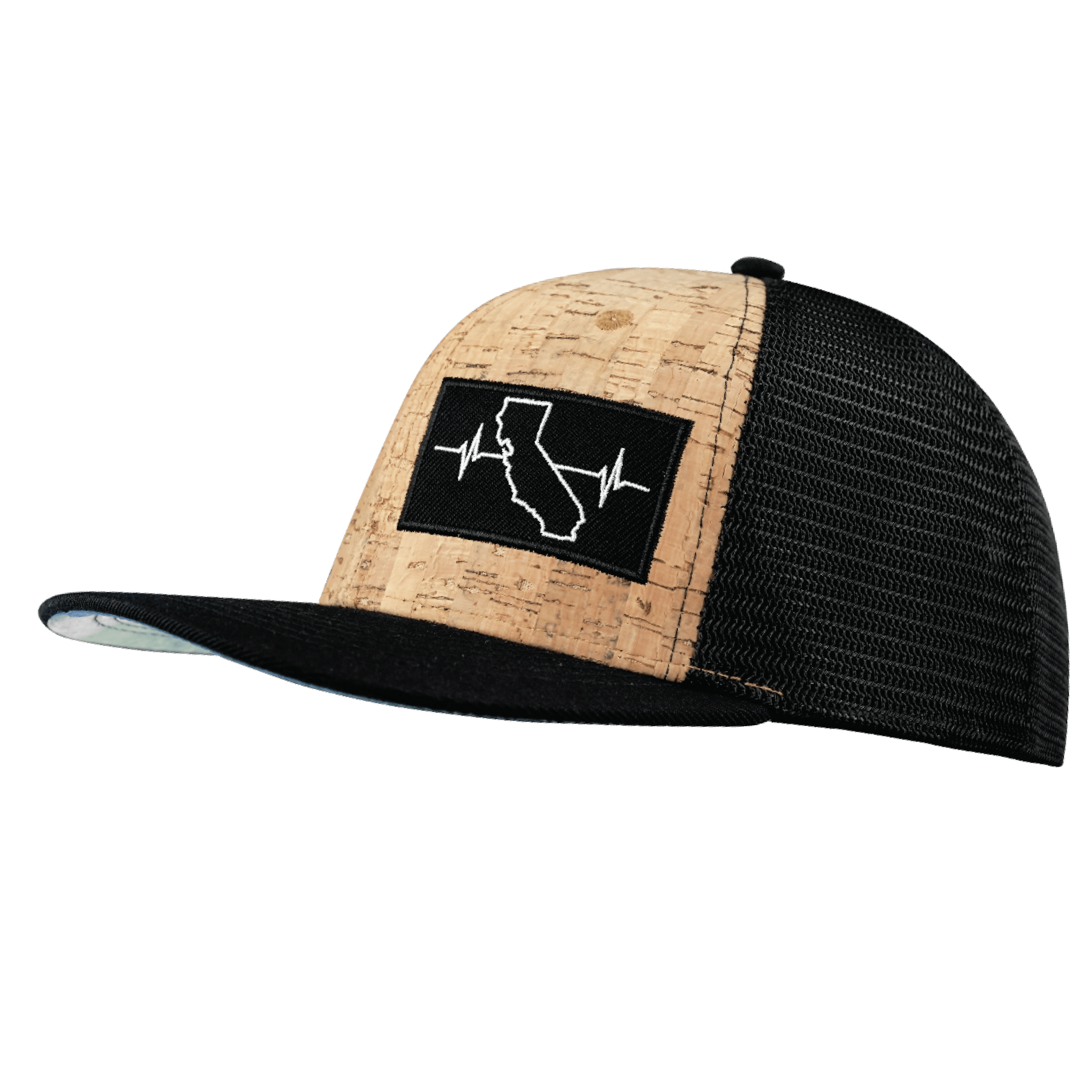 The Heartbeat Brand California Hat - Baseball Hat Fit - Cork - Black - Trucker Mesh — side view