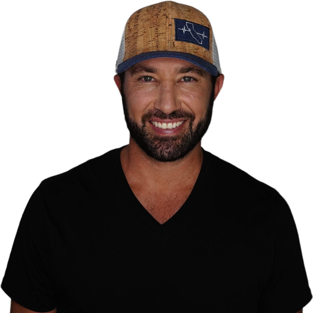 The Heartbeat Brand California Hat - Baseball Hat Fit - Cork - Navy / Gray - Trucker Mesh — detail close-up