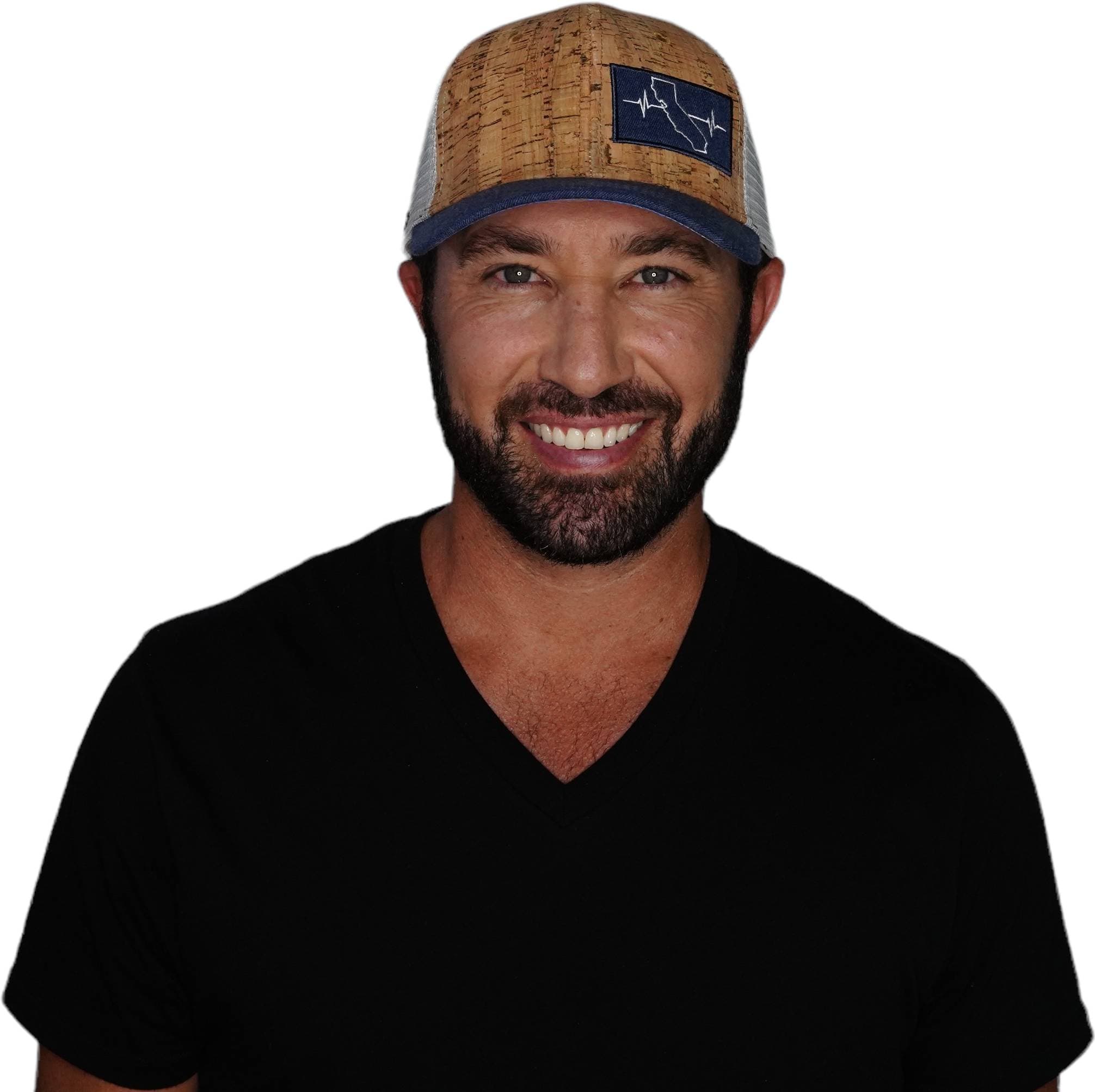 The Heartbeat Brand California Hat - Baseball Hat Fit - Cork - Navy / Gray - Trucker Mesh — detail close-up