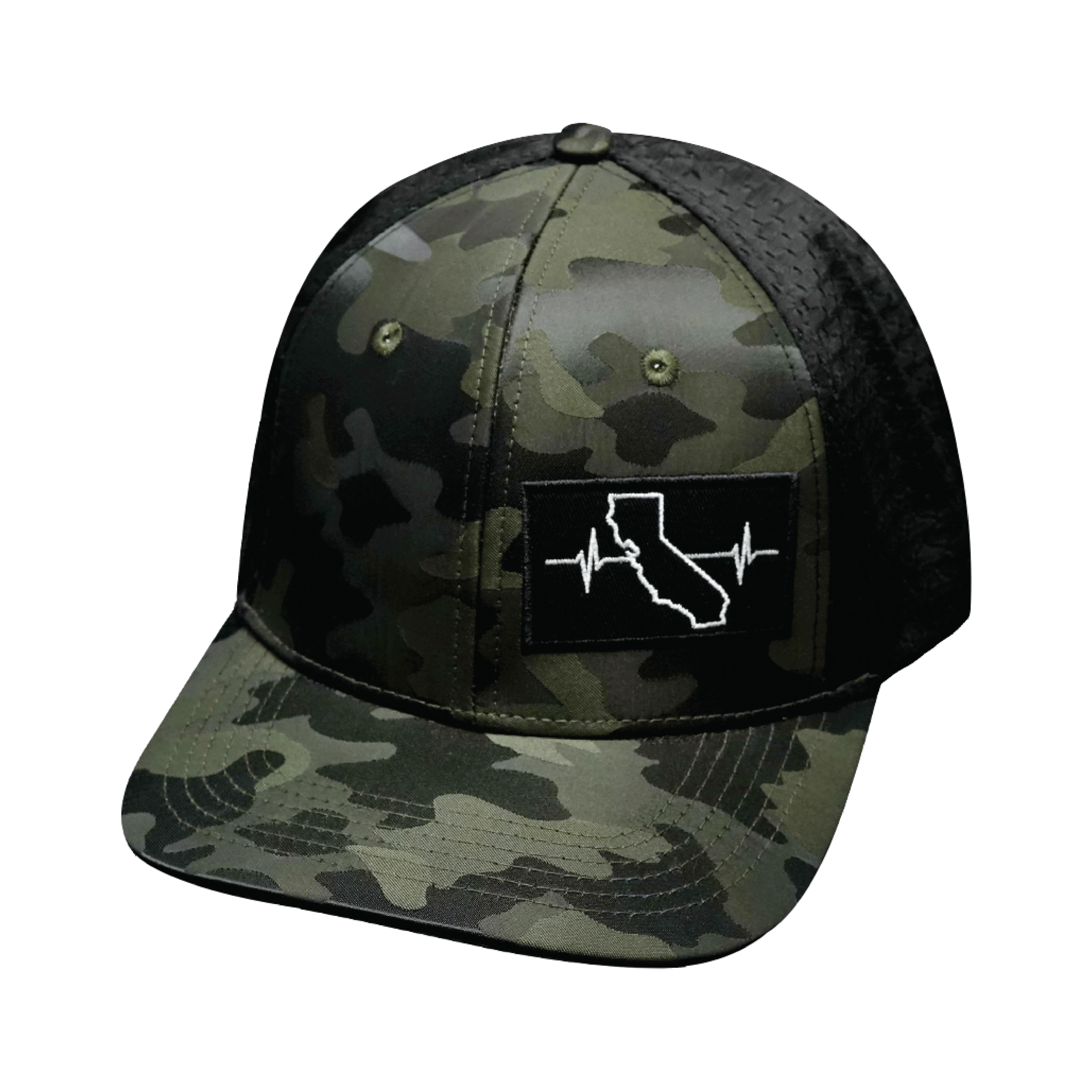 The Heartbeat Brand California Hat - Baseball Hat Fit - Green Camo / Black - Jersey Mesh — back view