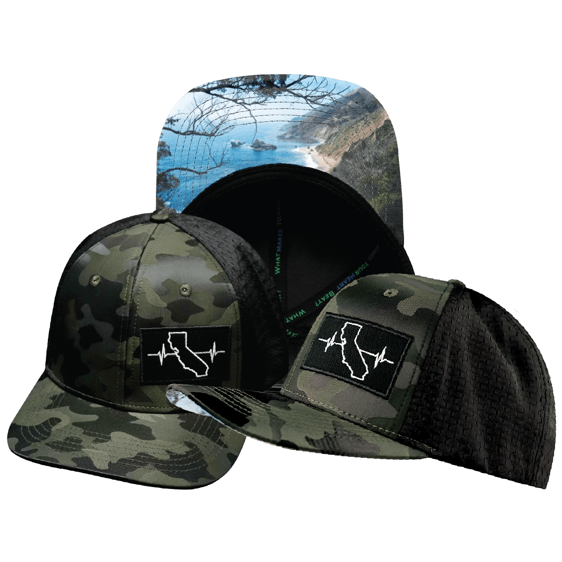 The Heartbeat Brand California Hat - Baseball Hat Fit - Green Camo / Black - Jersey Mesh — main product shot