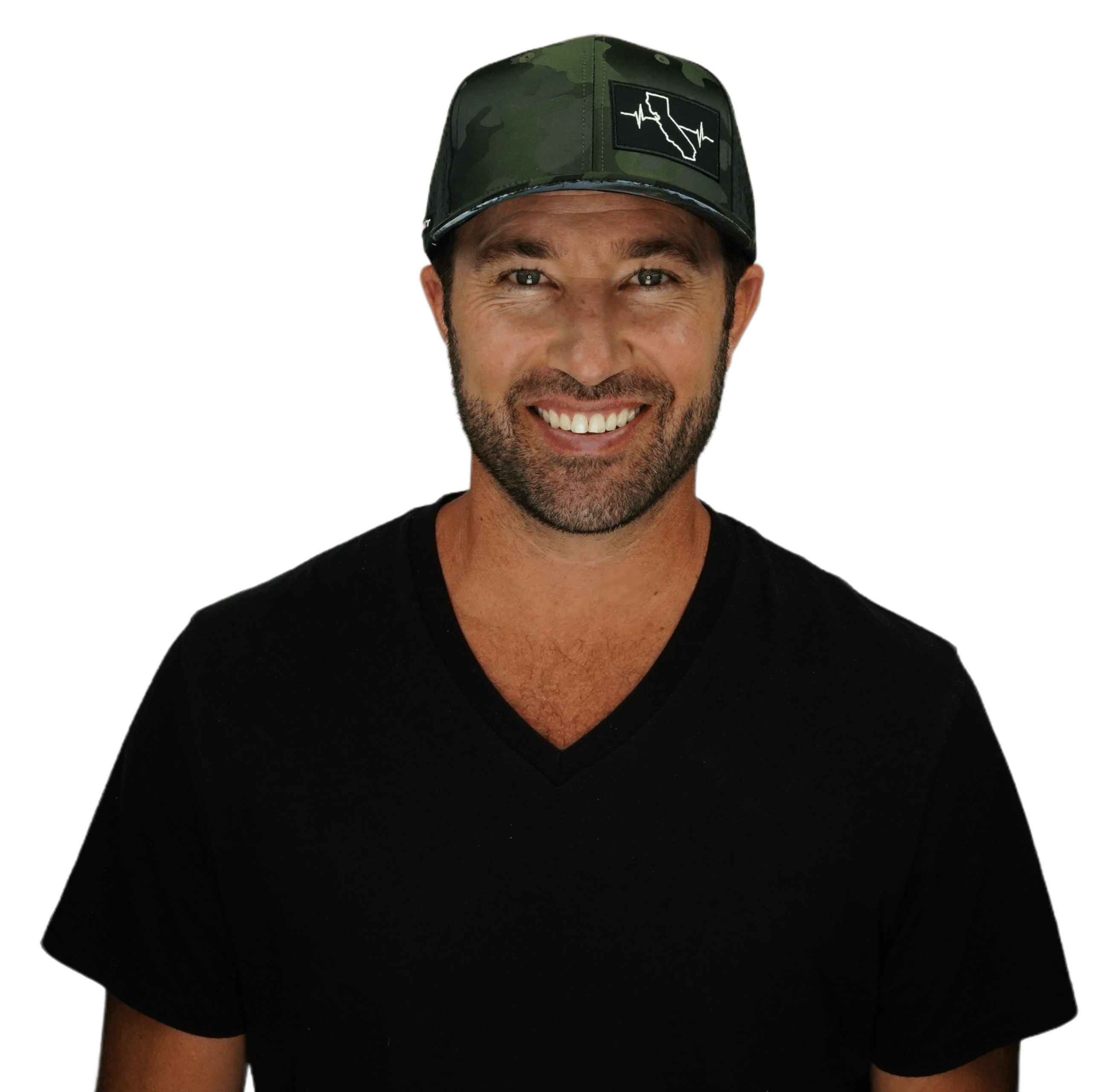 The Heartbeat Brand California Hat - Baseball Hat Fit - Green Camo / Black - Jersey Mesh — detail close-up