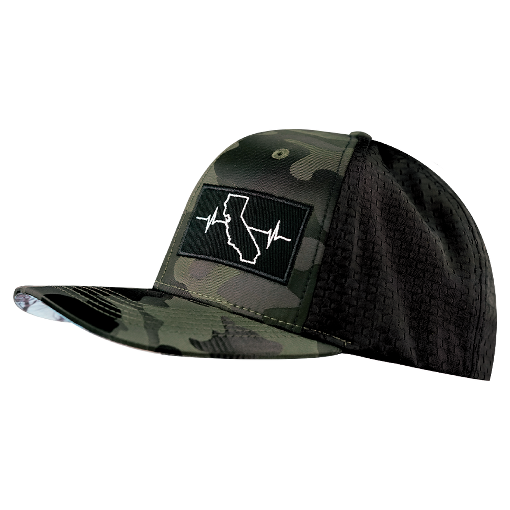 The Heartbeat Brand California Hat - Baseball Hat Fit - Green Camo / Black - Jersey Mesh — side view