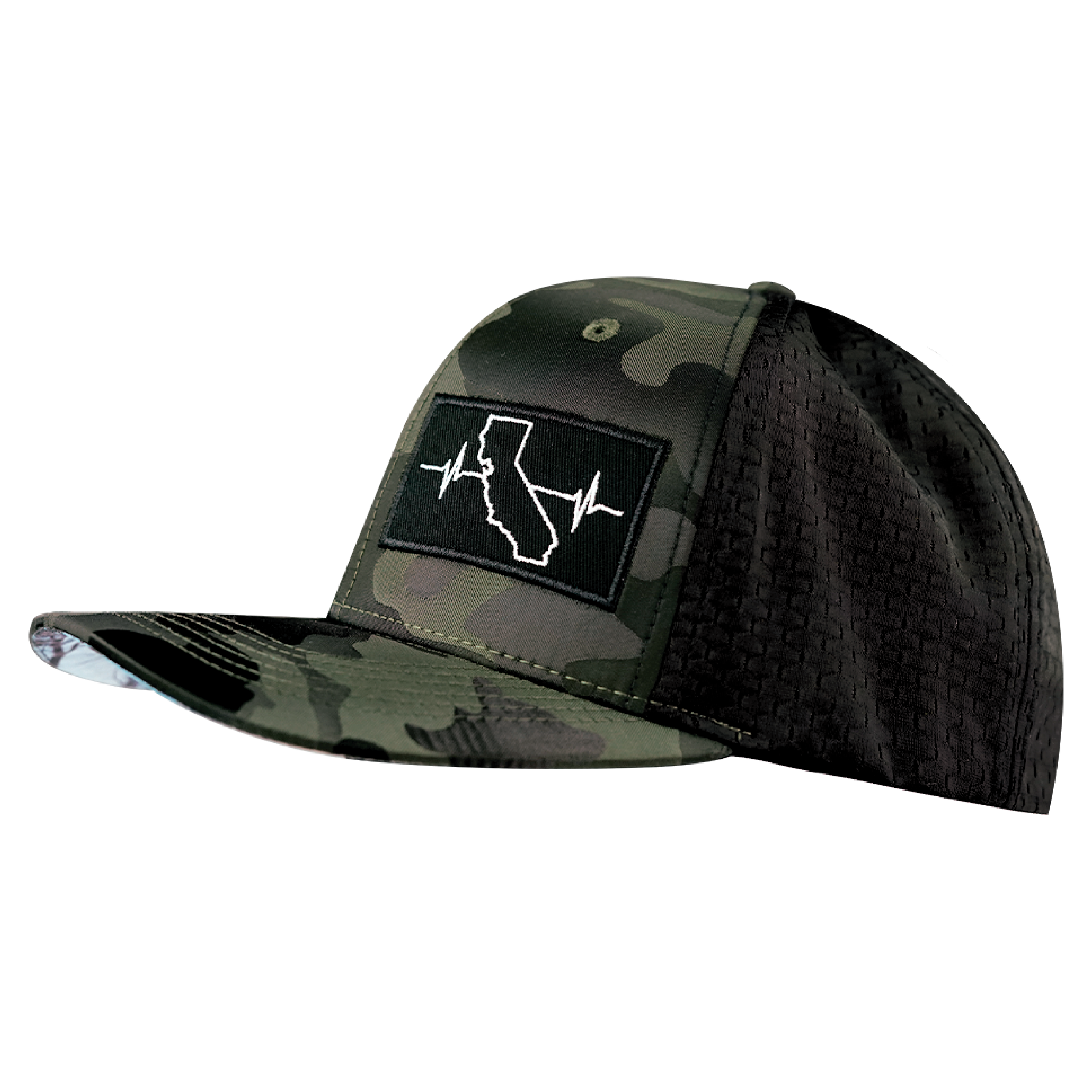 The Heartbeat Brand California Hat - Baseball Hat Fit - Green Camo / Black - Jersey Mesh — side view