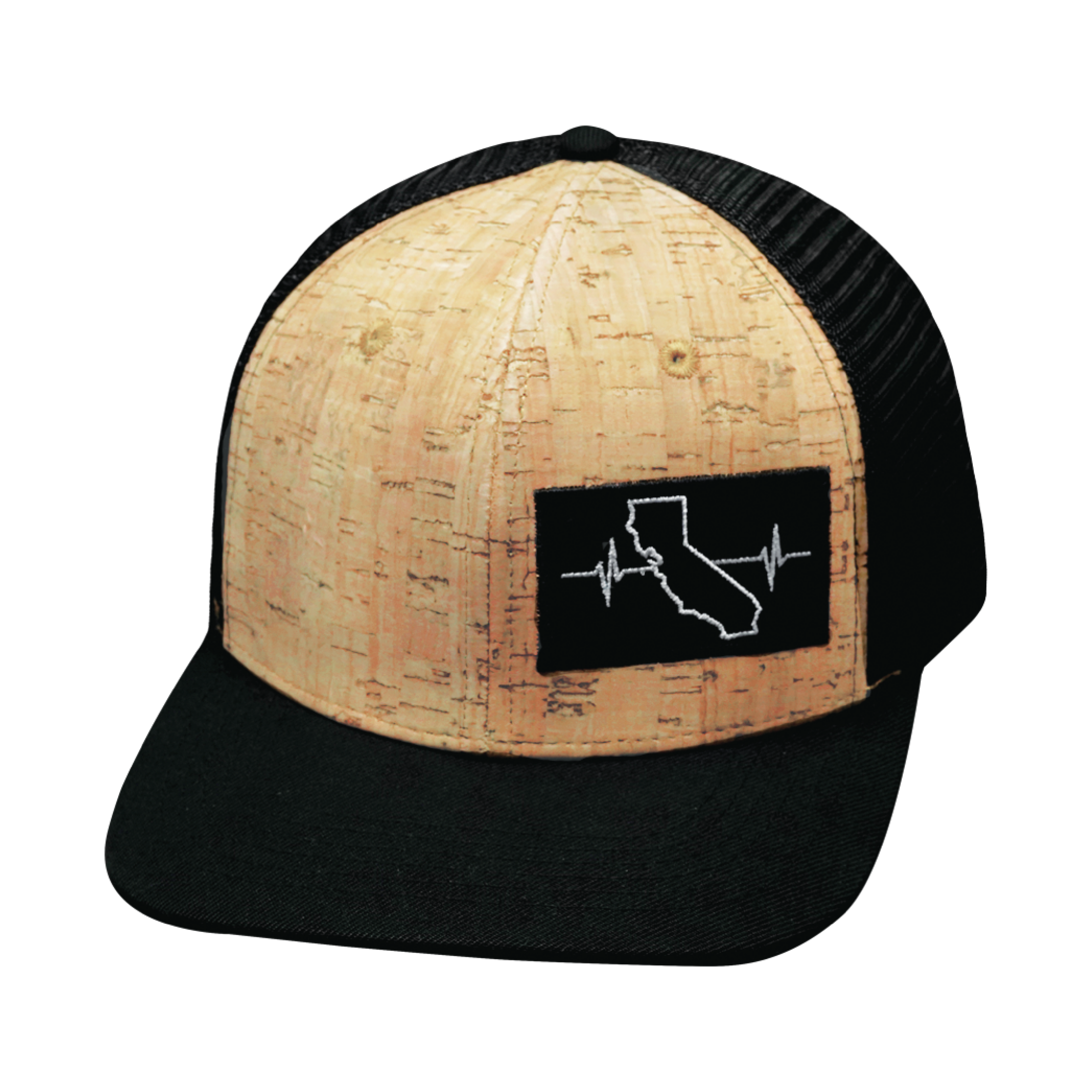 The Heartbeat Brand California Hat - Baseball Hat Fit - Cork - Black - Trucker Mesh — back view