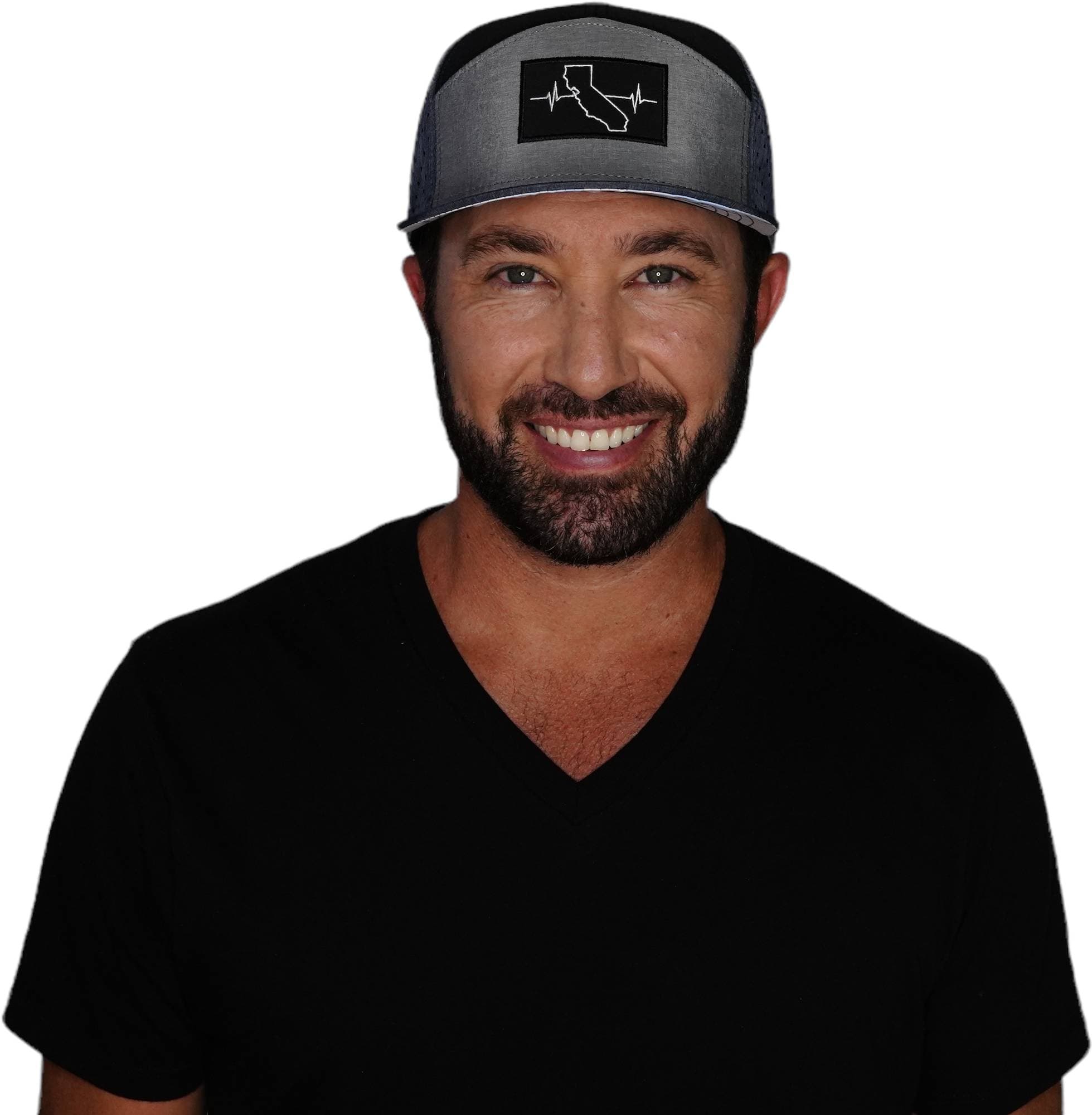 The Heartbeat Brand California Hat - Flat Bill - Navy / Gray / Black - Laser Mesh — detail close-up