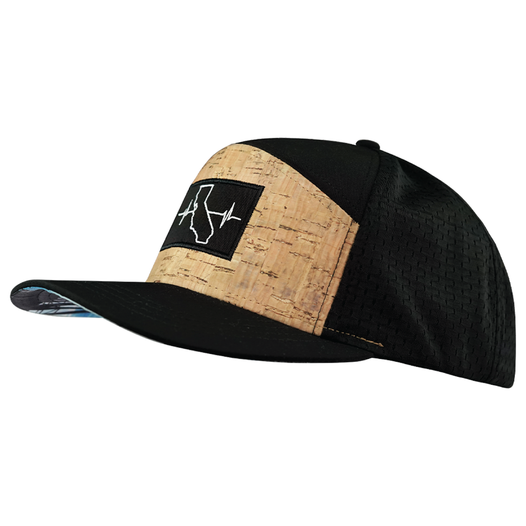 The Heartbeat Brand California Hat - Flat Bill - Cork - Black - Jersey Mesh — lifestyle context