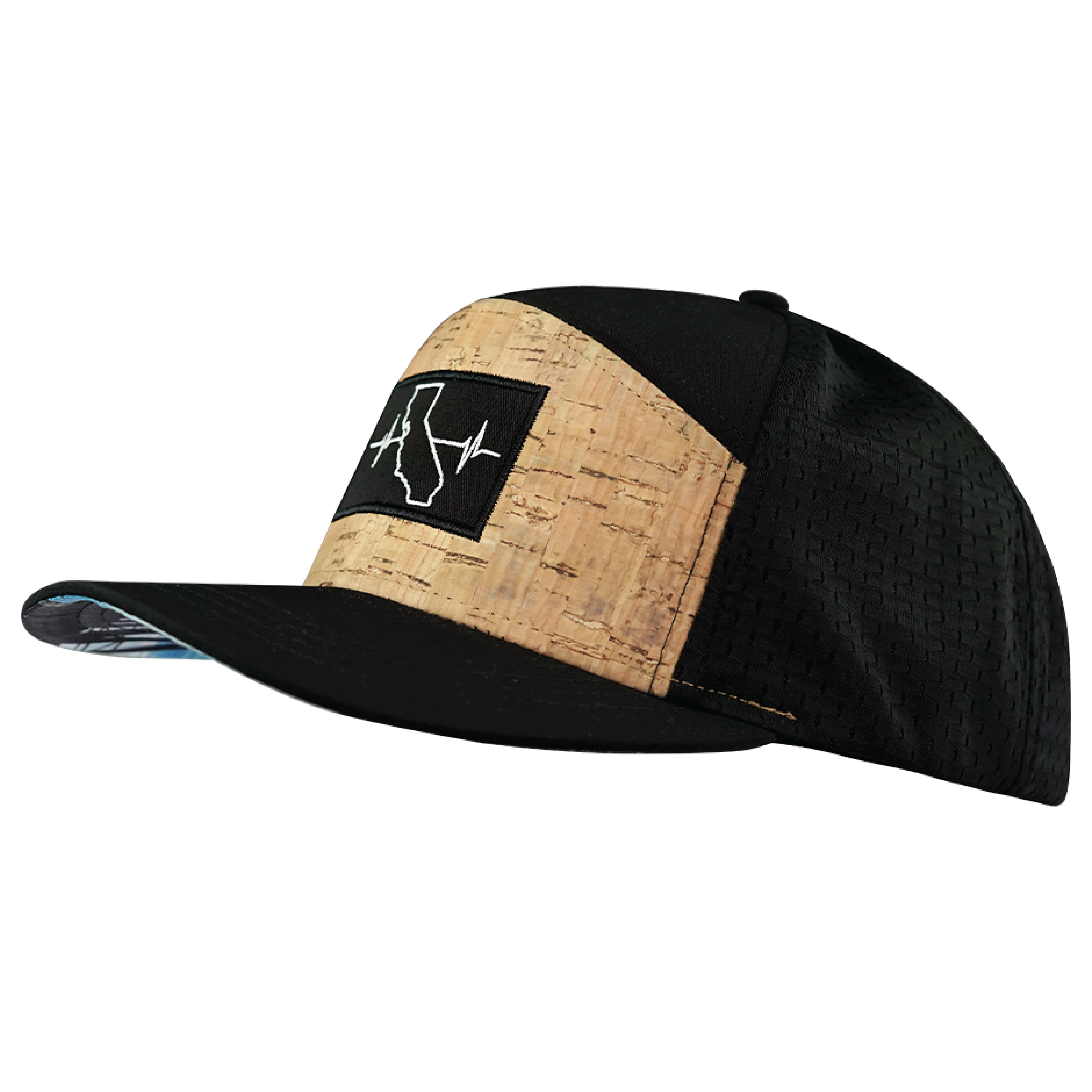 The Heartbeat Brand California Hat - Flat Bill - Cork - Black - Jersey Mesh — lifestyle context