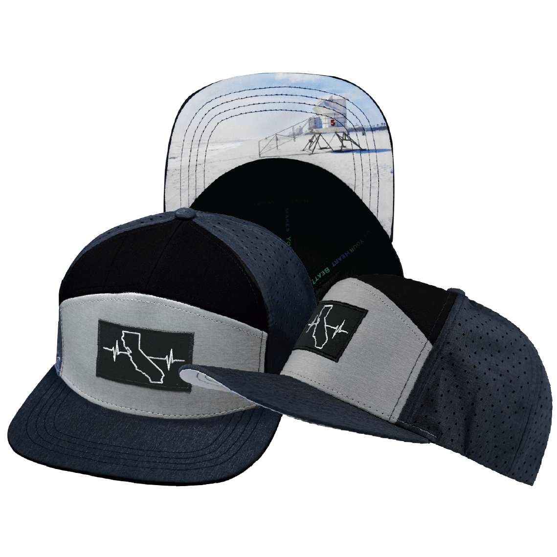 The Heartbeat Brand California Hat - Flat Bill - Navy / Gray / Black - Laser Mesh — main product shot