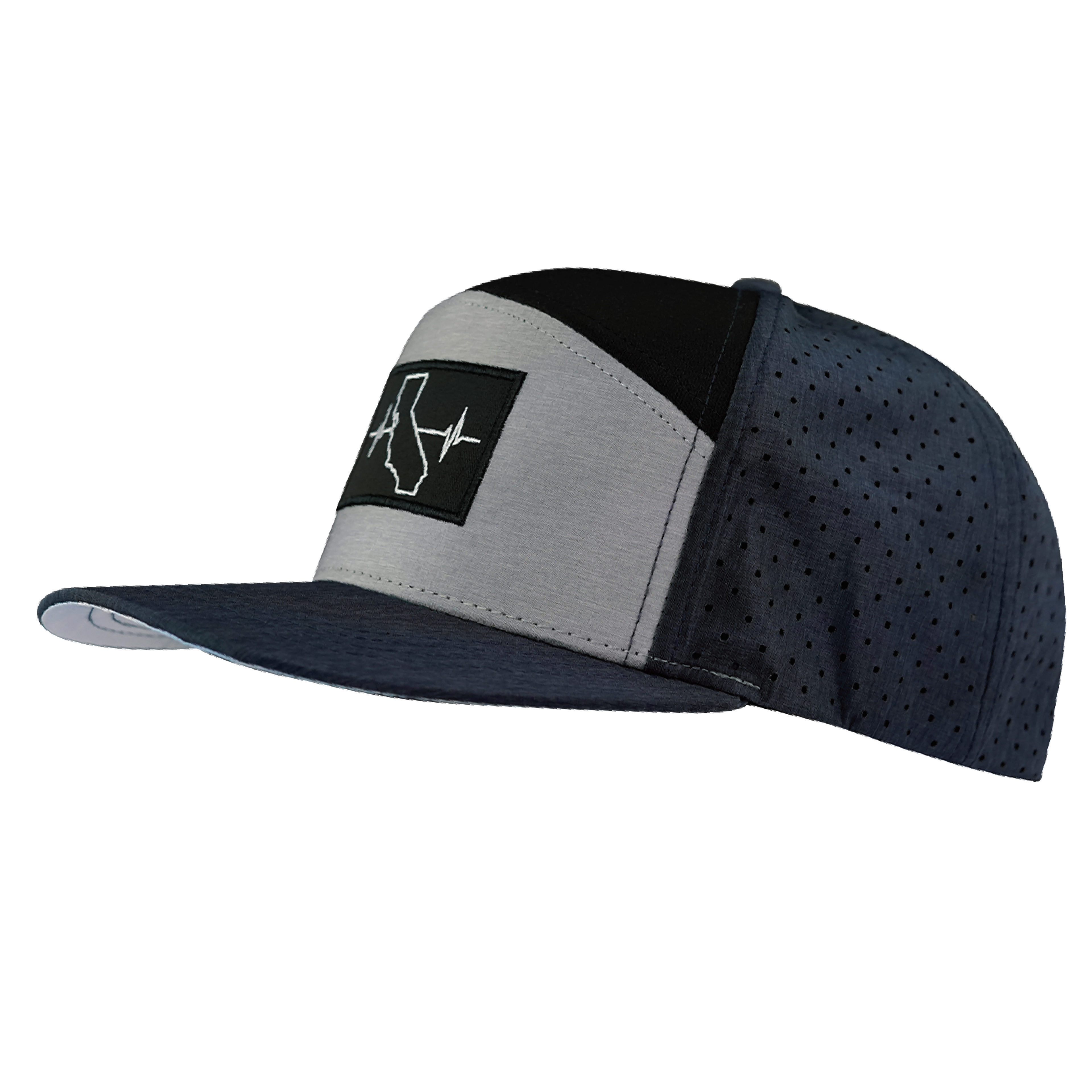 The Heartbeat Brand California Hat - Flat Bill - Navy / Gray / Black - Laser Mesh — side view