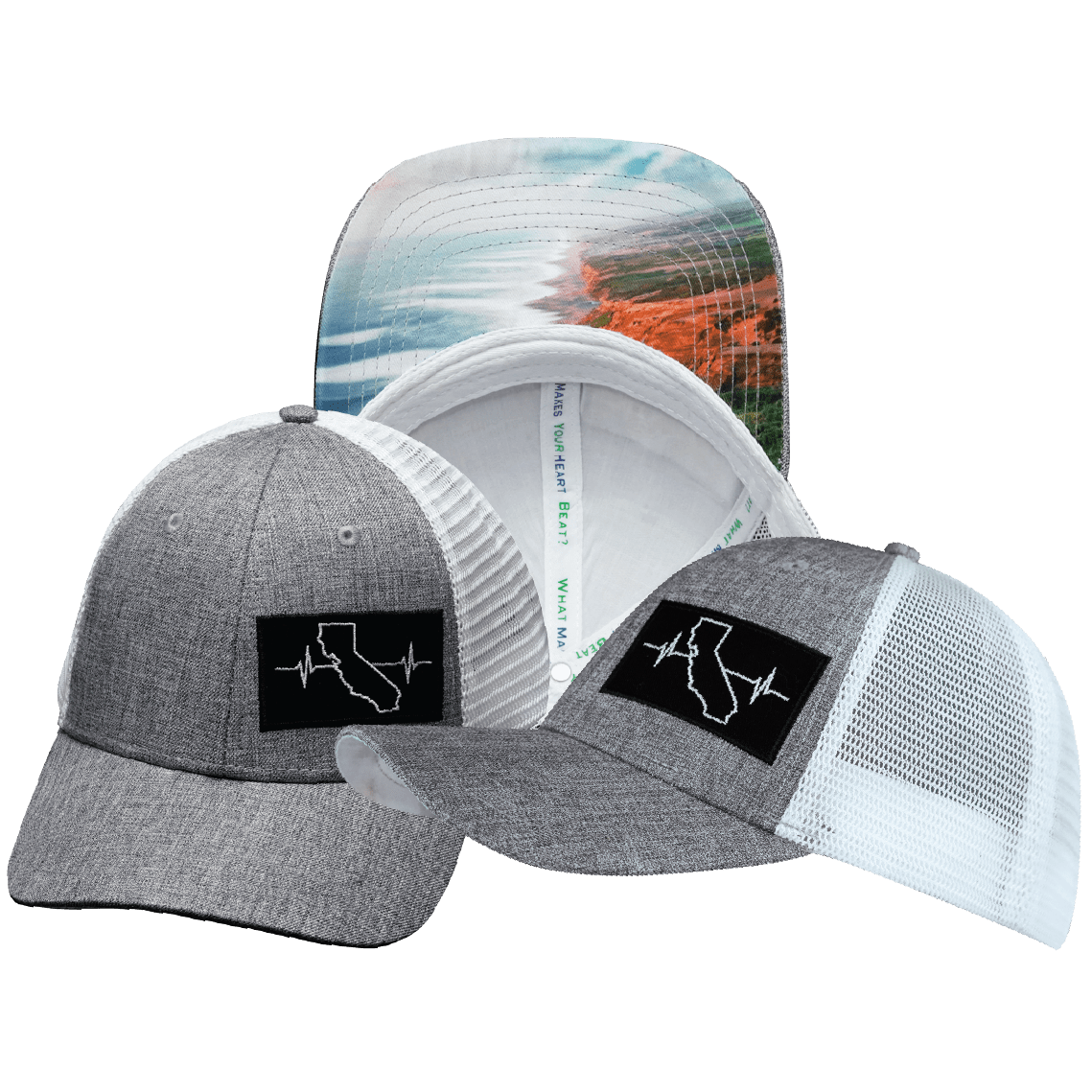 The Heartbeat Brand California Hat - Low Profile - Heather Gray / White - Trucker Mesh — main product shot