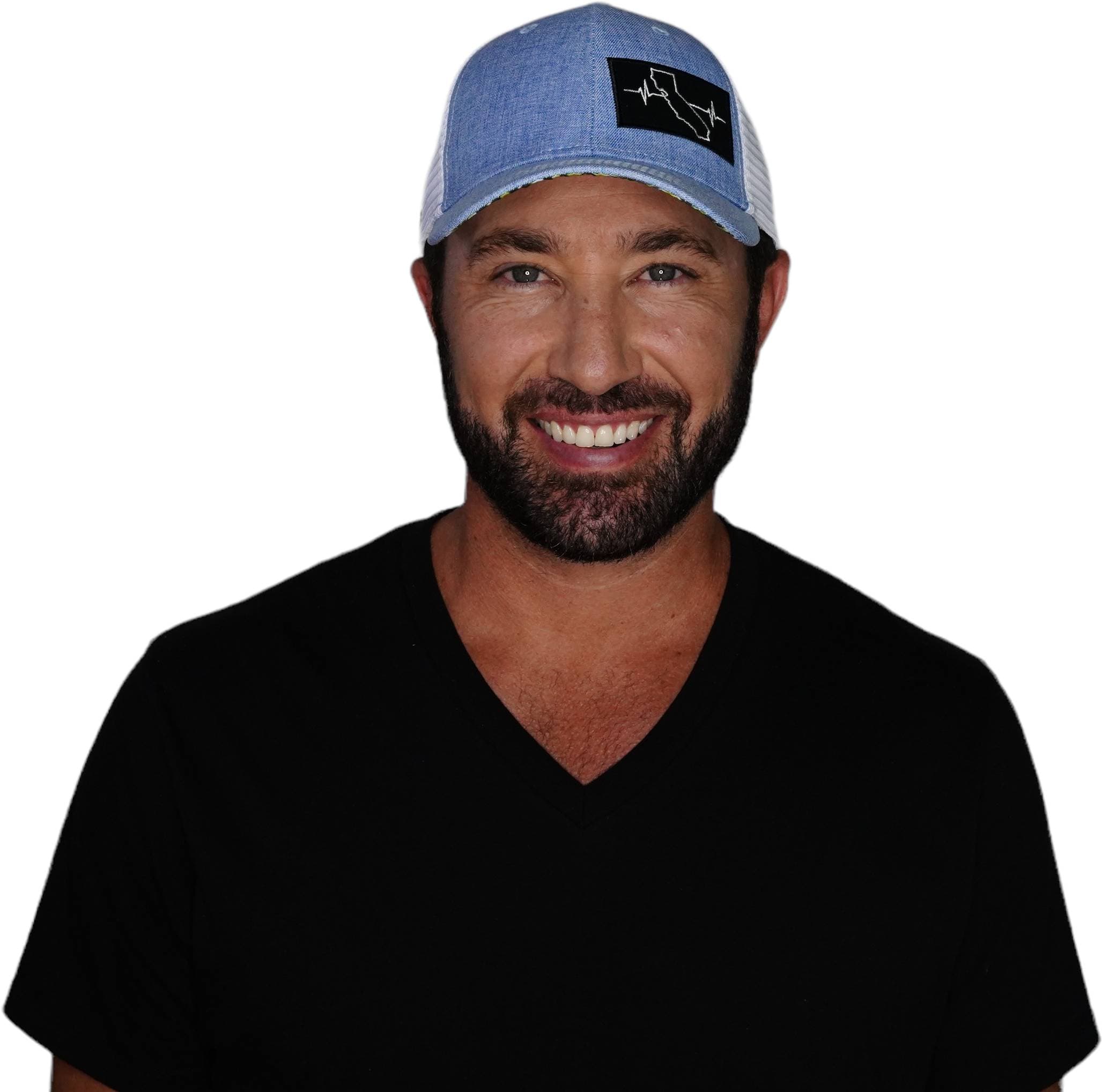 The Heartbeat Brand California Hat - Low Profile - Blue / White - Trucker Mesh — detail close-up