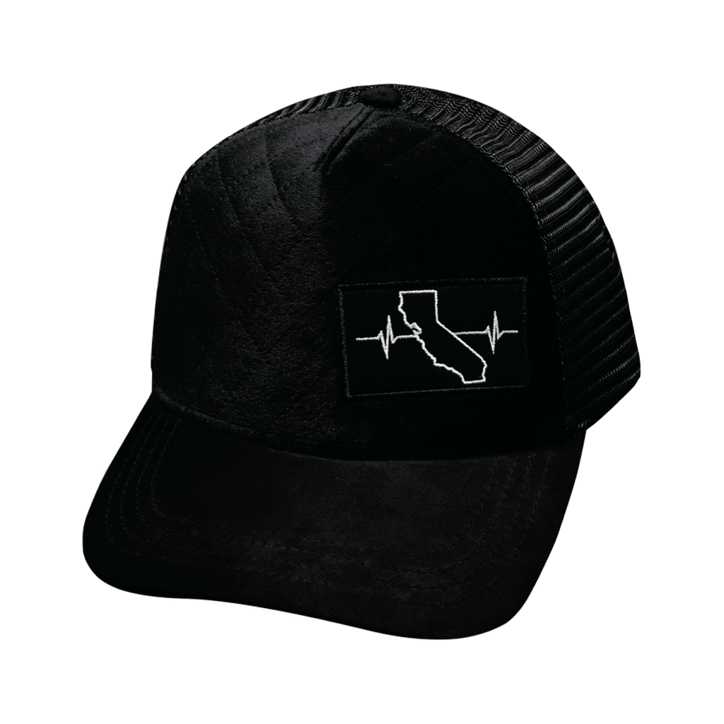 The Heartbeat Brand California Hat - Trucker Hat - Quilted Velvet - Black - Trucker Mesh — back view