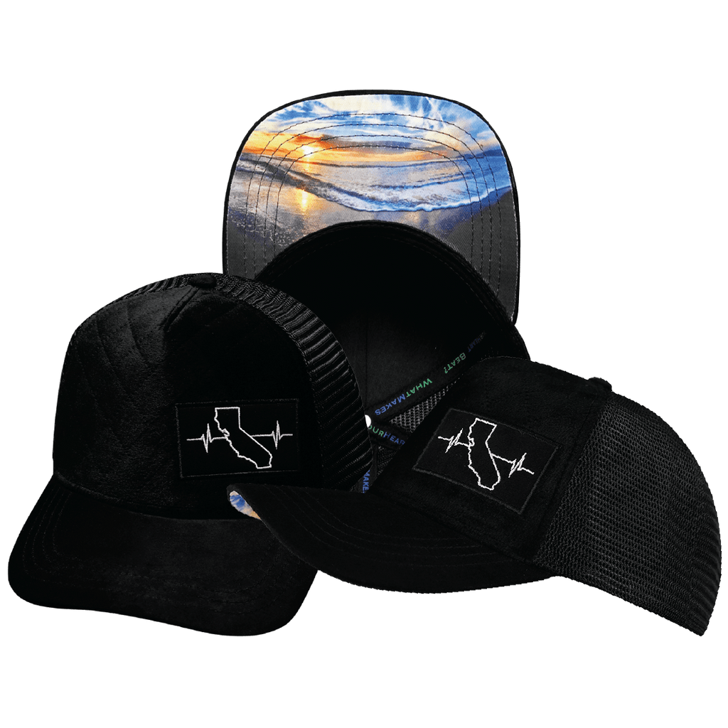 The Heartbeat Brand California Hat - Trucker Hat - Quilted Velvet - Black - Trucker Mesh — main product shot