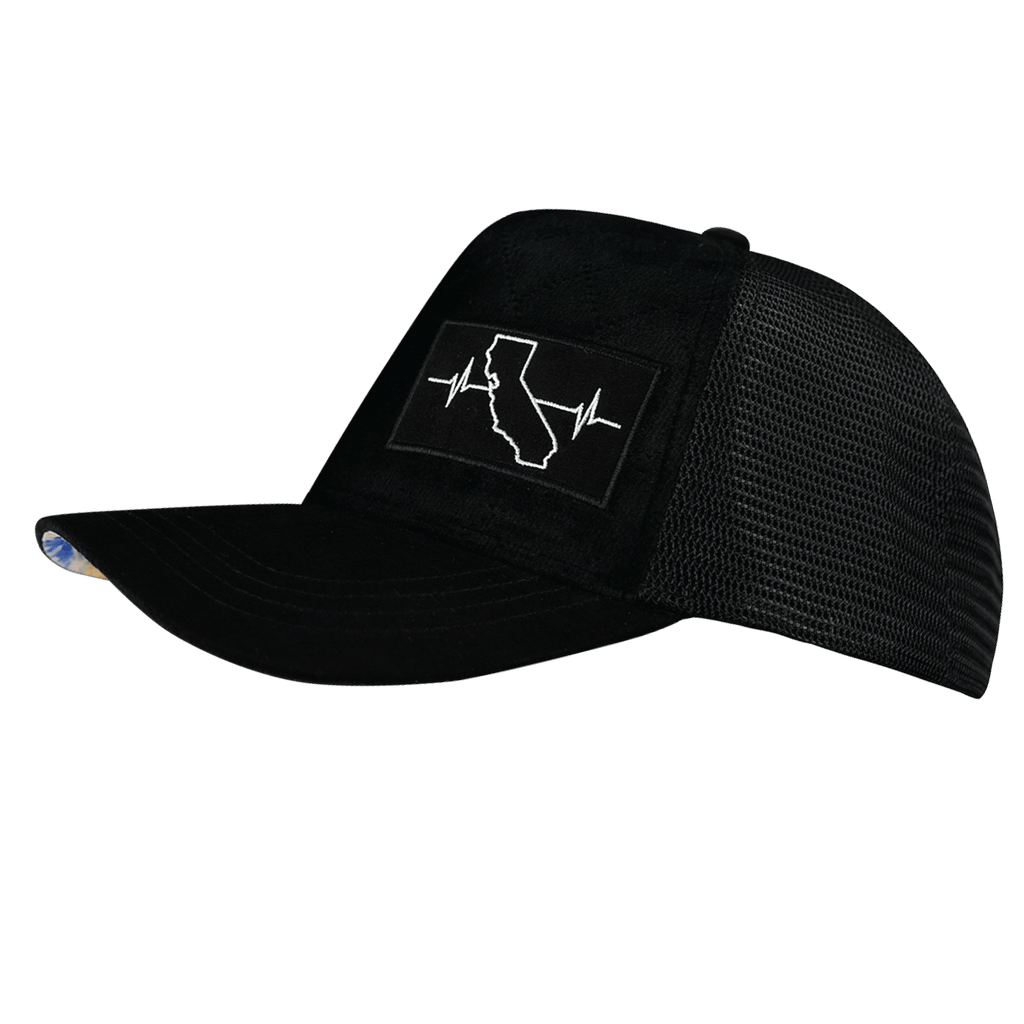 The Heartbeat Brand California Hat - Trucker Hat - Quilted Velvet - Black - Trucker Mesh — side view