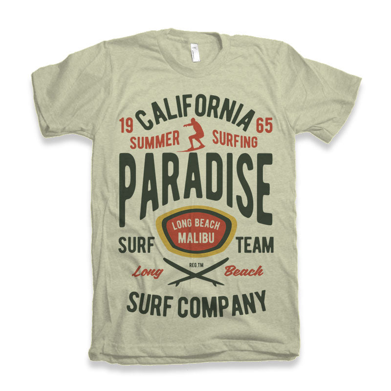 Spun Bamboo California Summer Surfing Men's Bamboo Viscose/Organic Cotton Short Sleeve Graphic T-Shirt — detail close-up