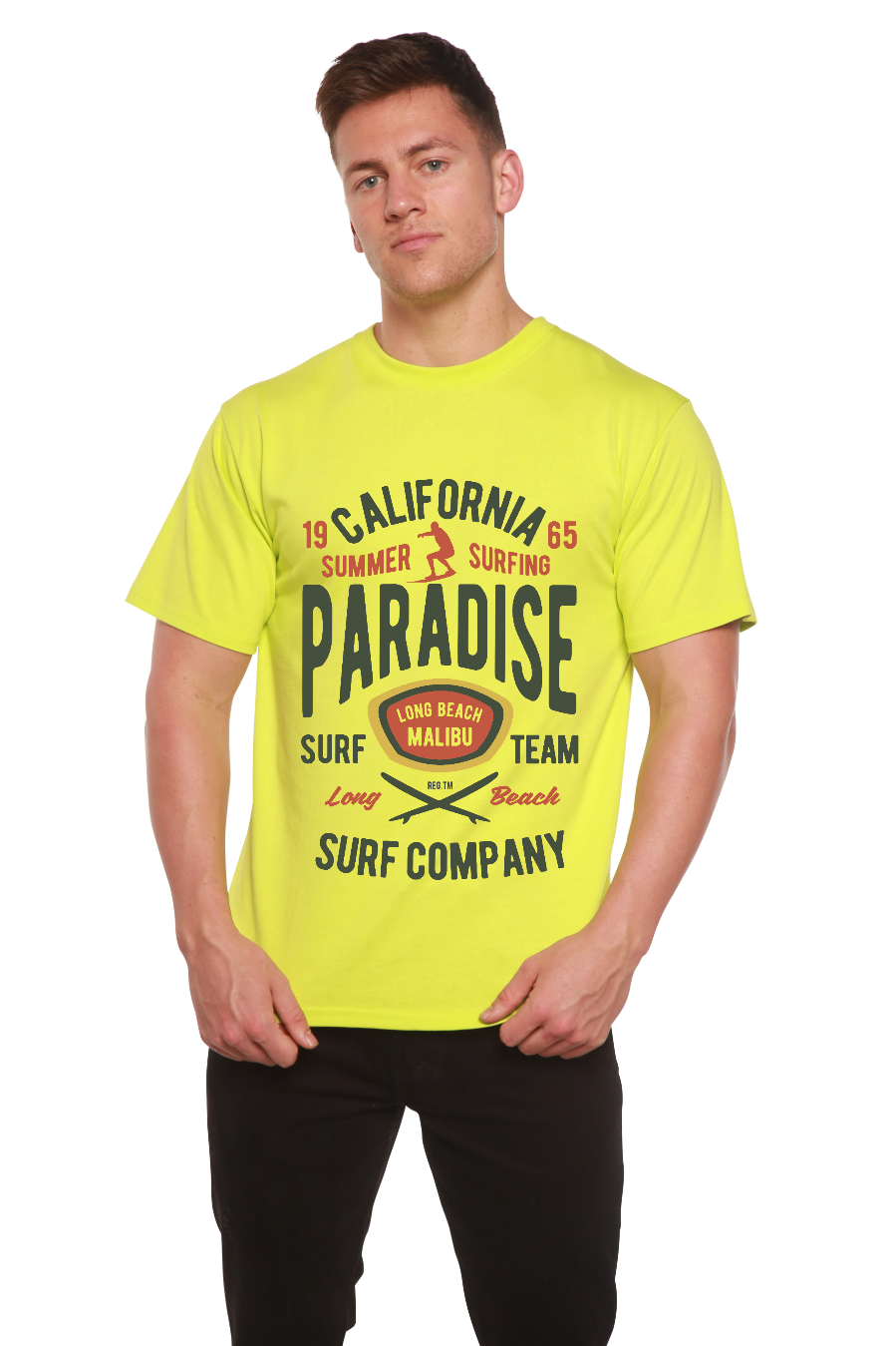 Spun Bamboo California Summer Surfing Men's Bamboo Viscose/Organic Cotton Short Sleeve Graphic T-Shirt — feature highlight