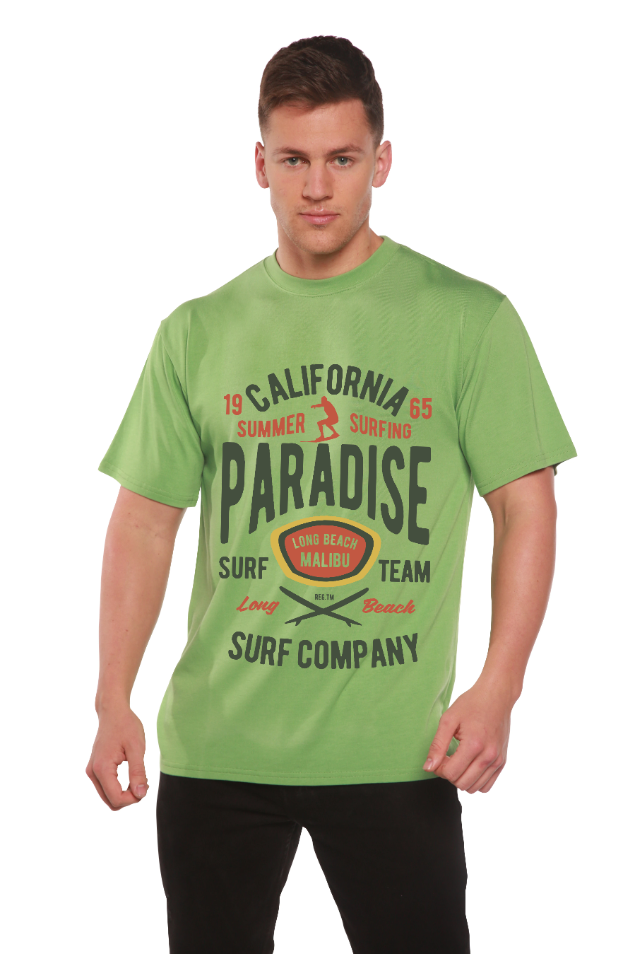 Spun Bamboo California Summer Surfing Men's Bamboo Viscose/Organic Cotton Short Sleeve Graphic T-Shirt — side view
