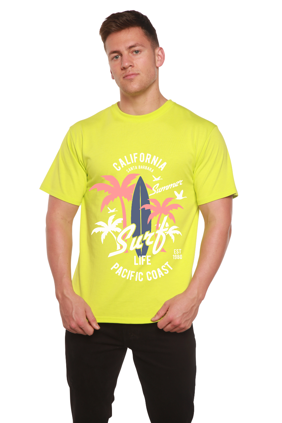 Spun Bamboo California Surf Men's Bamboo Viscose/Organic Cotton Short Sleeve Graphic T-Shirt — fabric or material detail