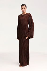 Camille Satin Plisse Maxi Dress - Chocolate Brown Clothing Veiled 