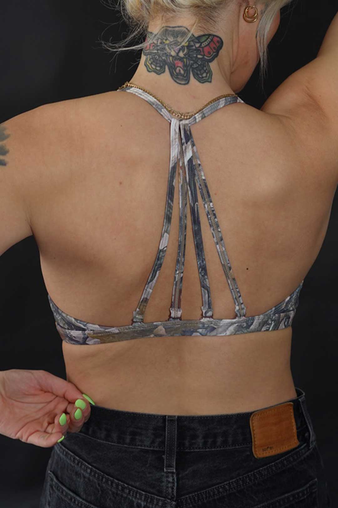 Thrash Happy Bone Camo Minimal Sports Bra — detail close-up