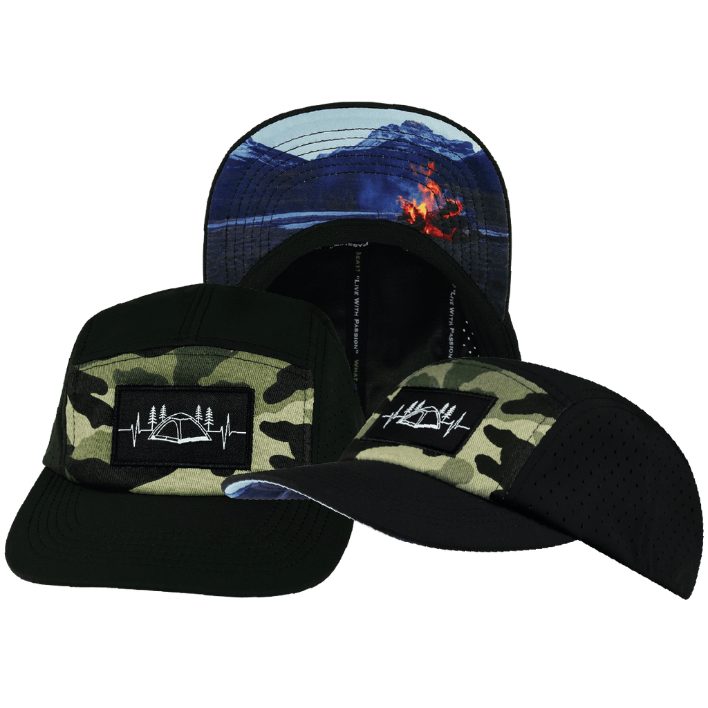 Camping Hat - 5 Panel - Black / Green Camo - Laser Mesh