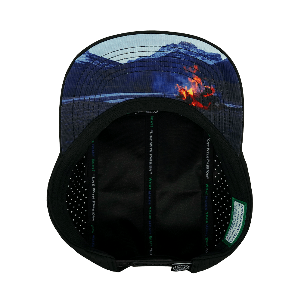 Camping Hat - 5 Panel - Black / Green Camo - Laser Mesh