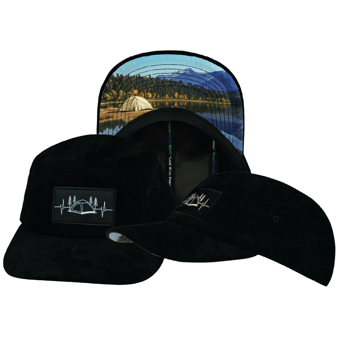 The Heartbeat Brand Camping 5 Panel Hat — Corduroy Black — main product shot