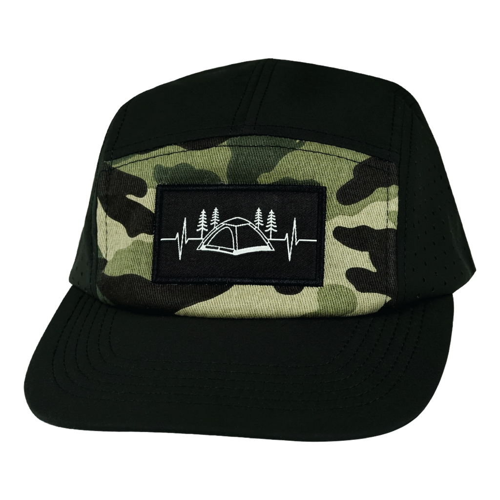 Camping Hat - 5 Panel - Black / Green Camo - Laser Mesh