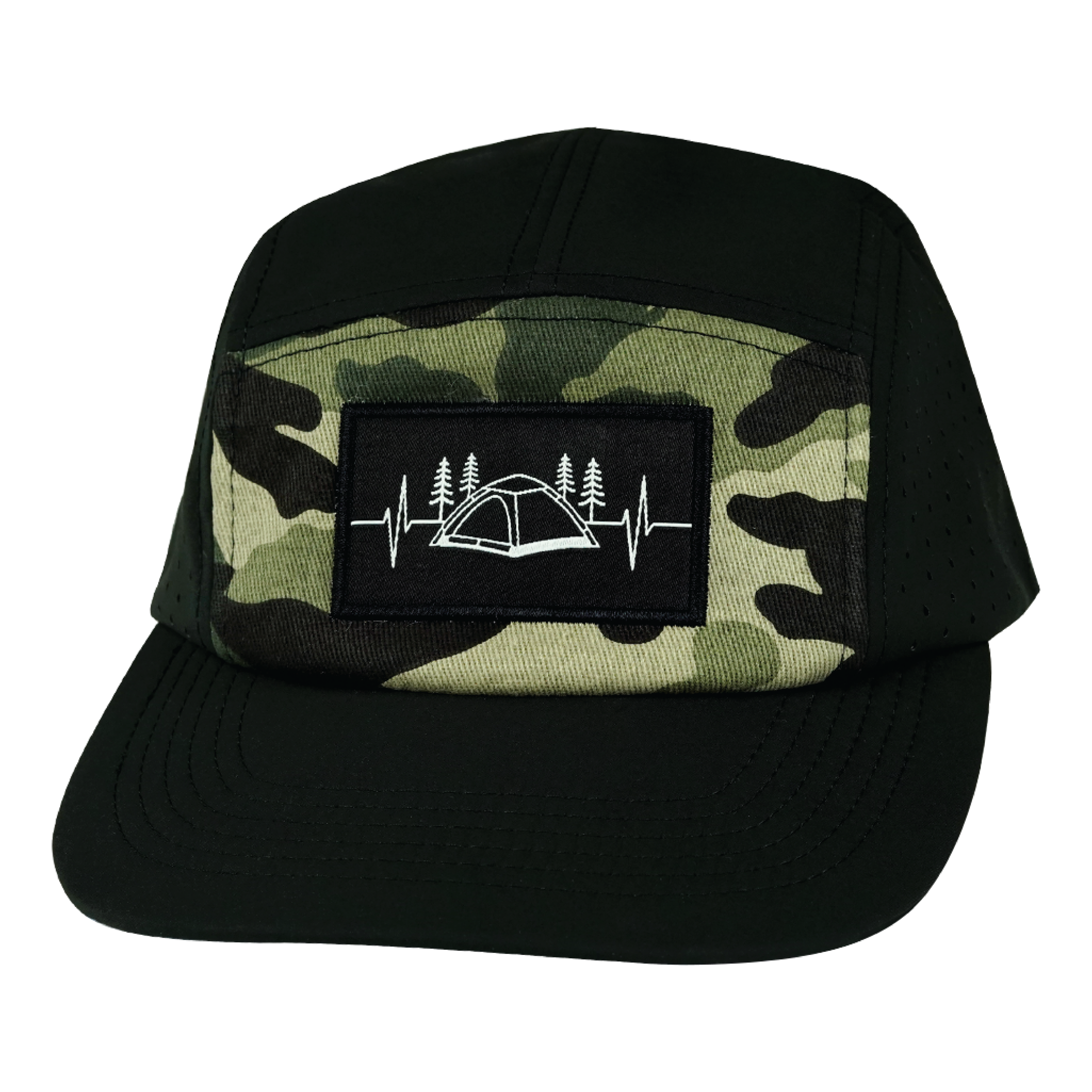 Camping Hat - 5 Panel - Black / Green Camo - Laser Mesh